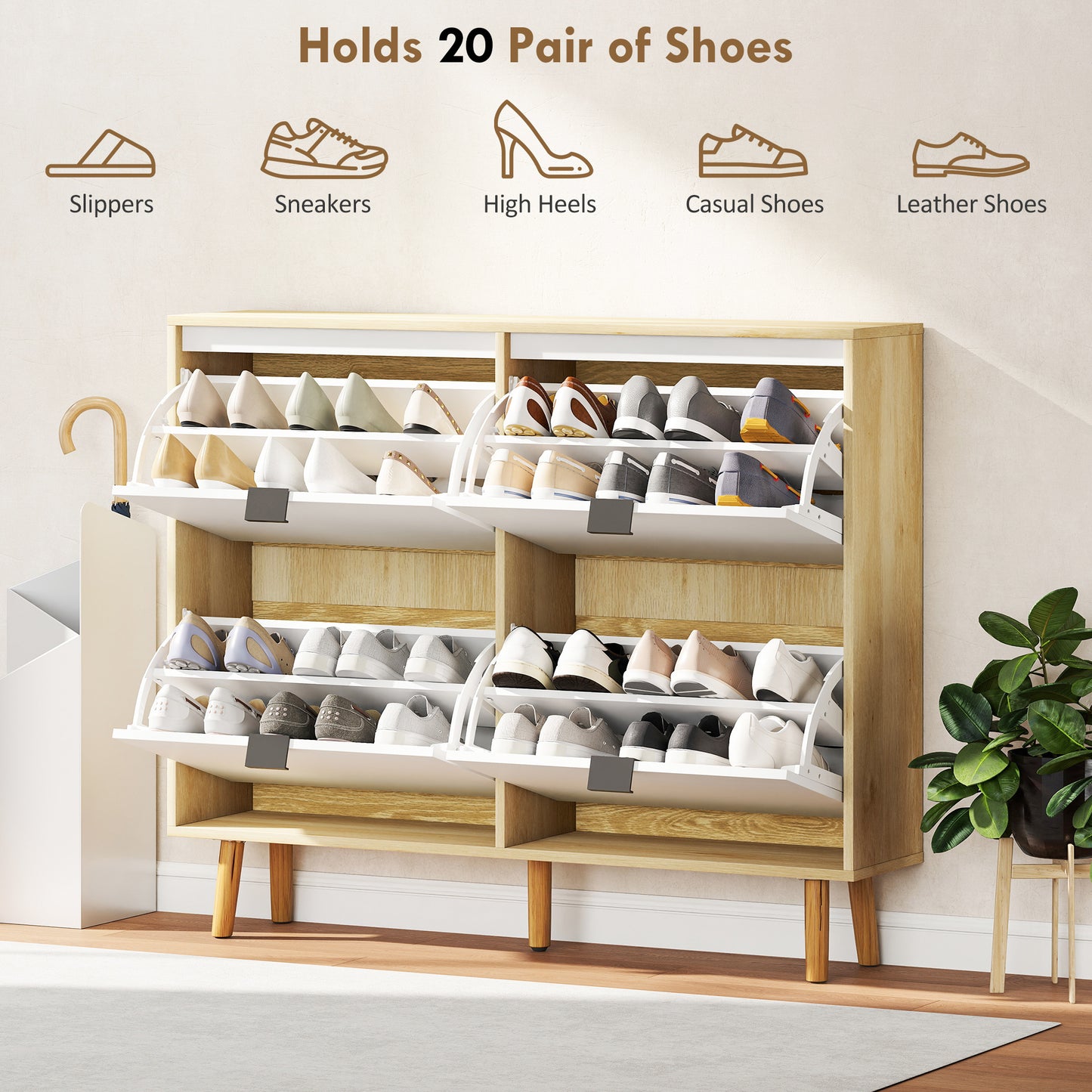 HOMCOM Narrow Shoe Cabinet, High Gloss Shoe Storage Cabinet with 4 Flip Drawers and Adjustable Shelves, Holds 20 Pairs, White