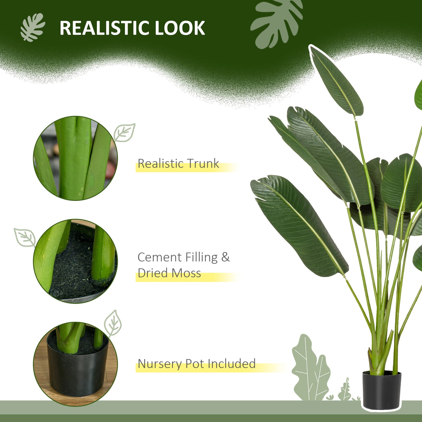Outsunny 4FT Artificial Bird of Paradise Plant, Fake Tropical Palm Plant with 7 Banana Leaves in Pot, Faux Plant for Indoor , Green