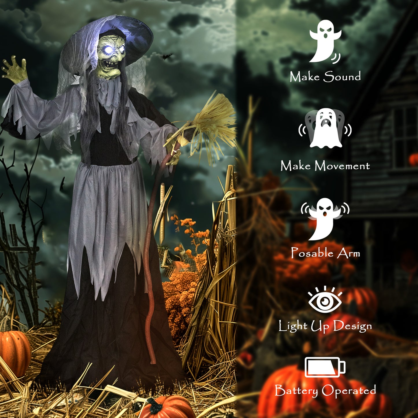 Outsunny Animatronics Standing Witch, Voice-Activated Prop, Spinning Head & Flashing Eyes, Easy Setup Indoor, Black