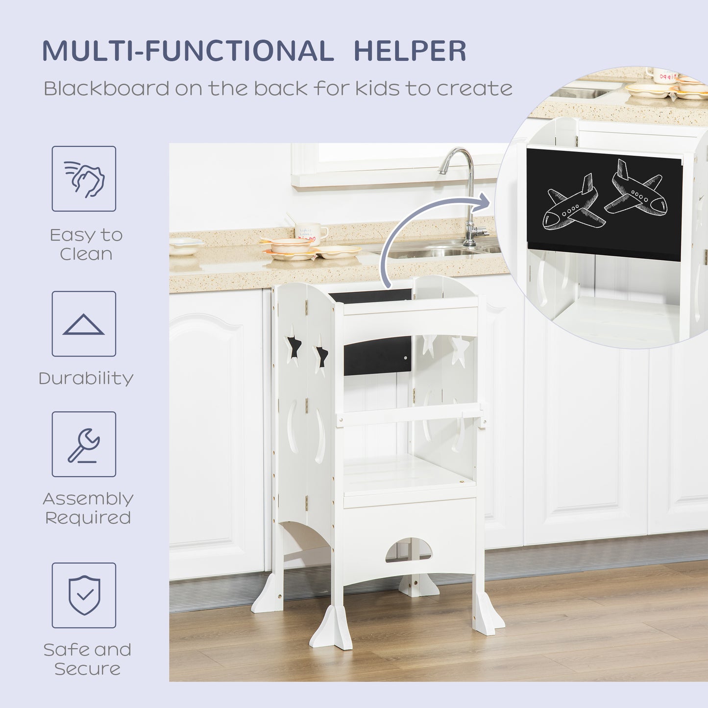 Qaba Kids Kitchen Helper Foldable Step Stool Toddler Kitchen Stool with Blackboard Lockable Handrail for 3-6 Years old Grey