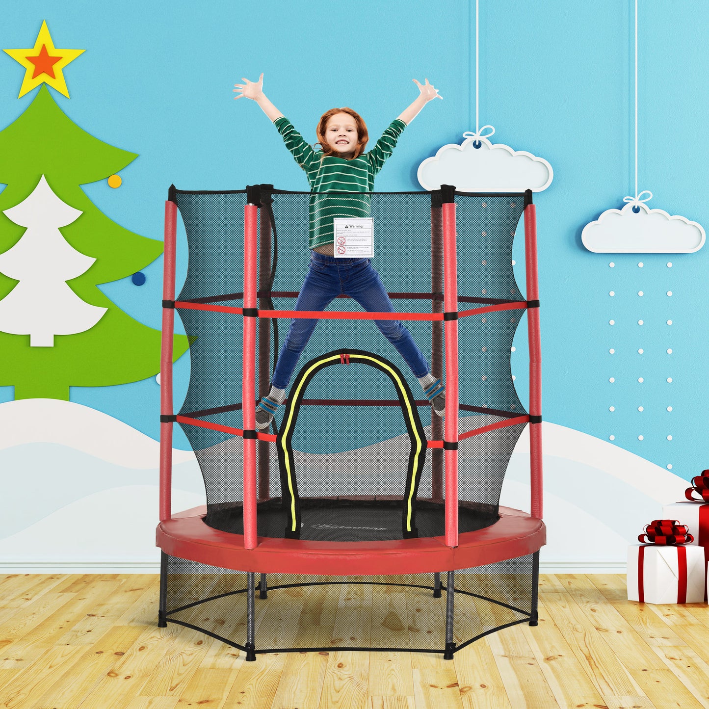 Outsunny 55" Kids Trampoline with Enclosure Net for Indoor/Outdoor, Trampoline for Boys and Girls Age 3-6 Years, Red