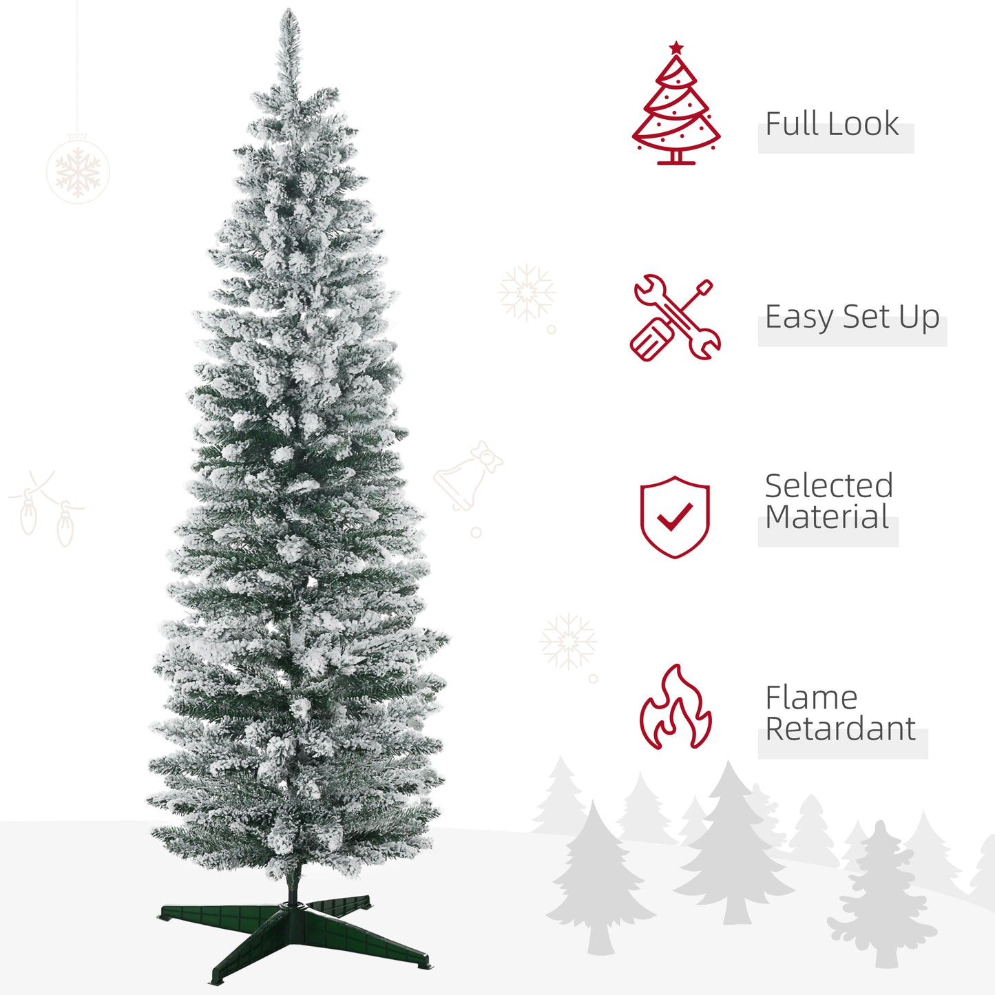 HOMCOM 6ft Flocked Christmas Tree, Pencil Artificial Christmas Tree with Realistic Branches, Pink