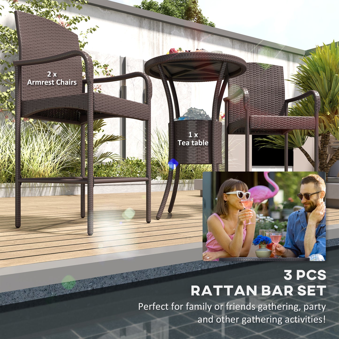 Outsunny 3 Pieces Patio Bar Set, Rattan Bistro Table and Chairs, Outdoor Conversation Furniture Set with Ice Bucket, Dark Brown