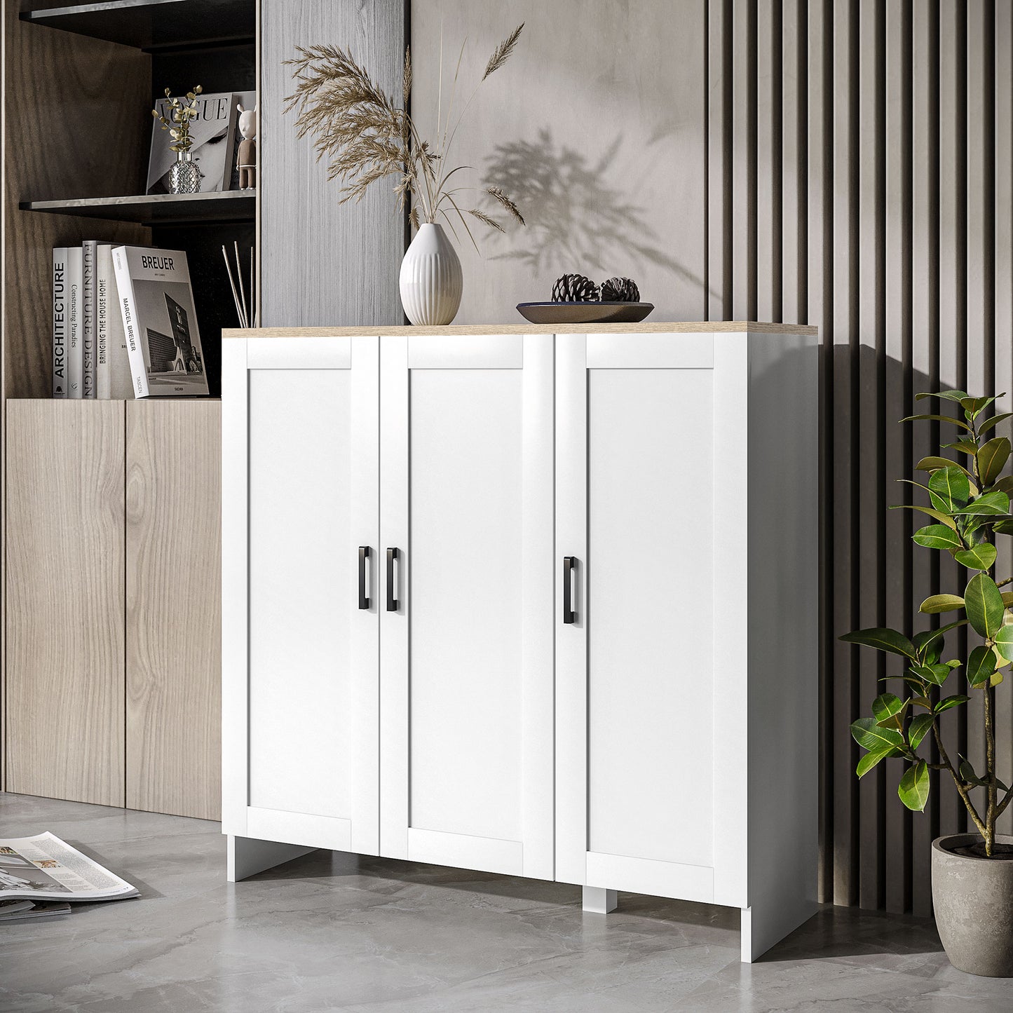 HOMCOM Modern Sideboard Buffet Cabinet, Modern Kitchen Storage Cabinet with 3 Doors Adjustable Shelves, for Dining Room, White