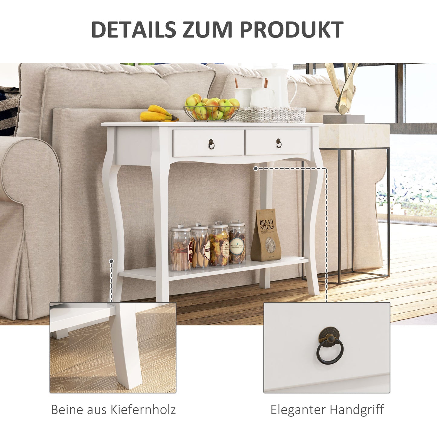 HOMCOM Console Table, Modern Entryway Table with 2 Drawers and Bottom Shelf, Sofa Table for Living Room, Hallway, Ivory White
