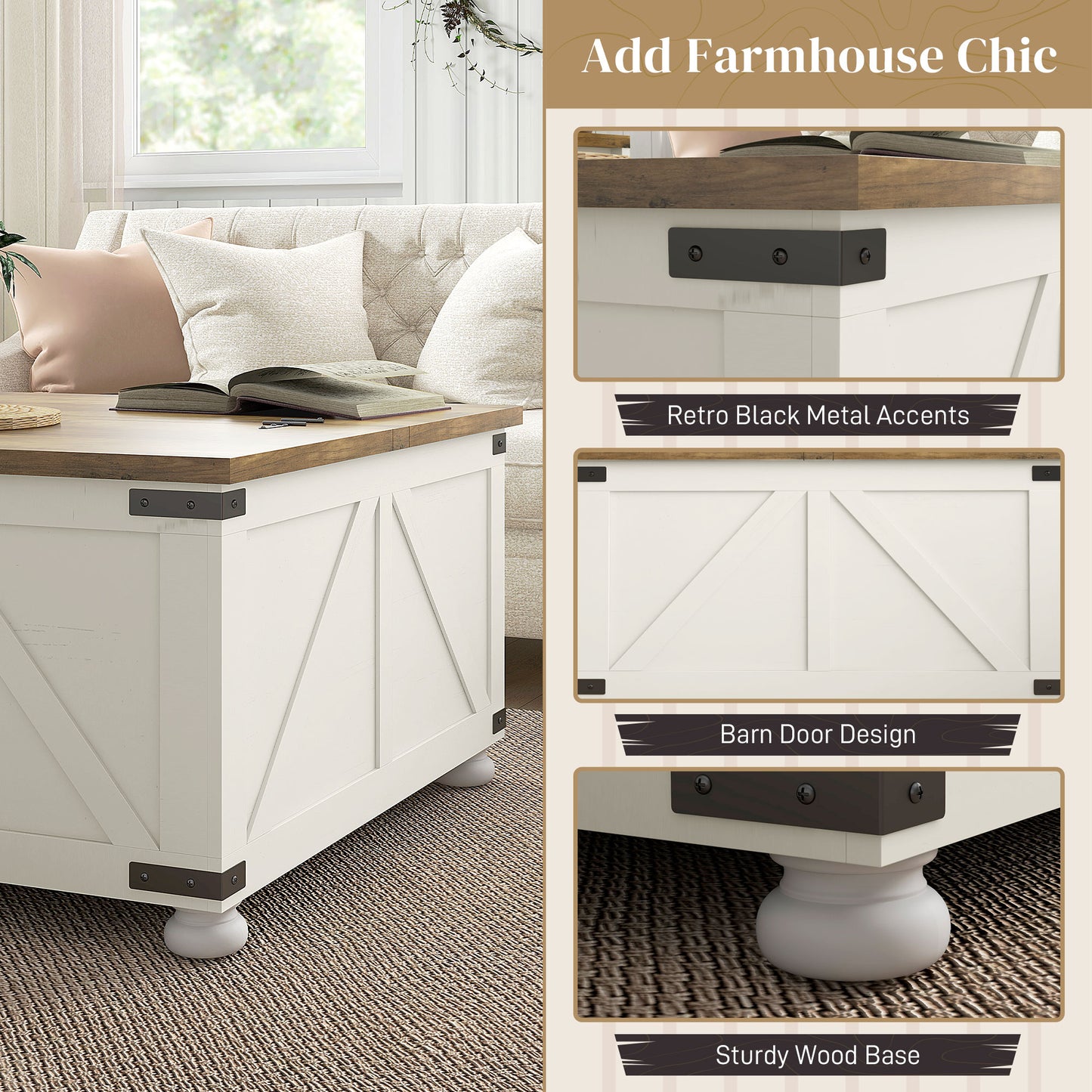 HOMCOM Farmhouse Coffee Table, Square Center Table with Flip-top Lids, Hidden Storage Compartment and Wooden Legs, Oak