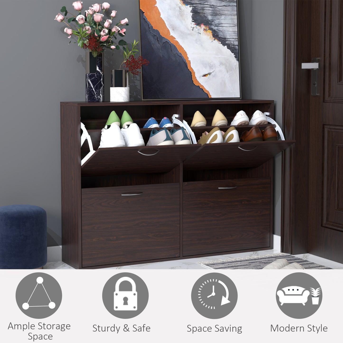 HOMCOM Flip Down Shoe Storage, Multi Cabinet, Wooden Shoe Rack, Entryway Shelf, 4 Drawer Organizer, Freestanding Unit, Brown