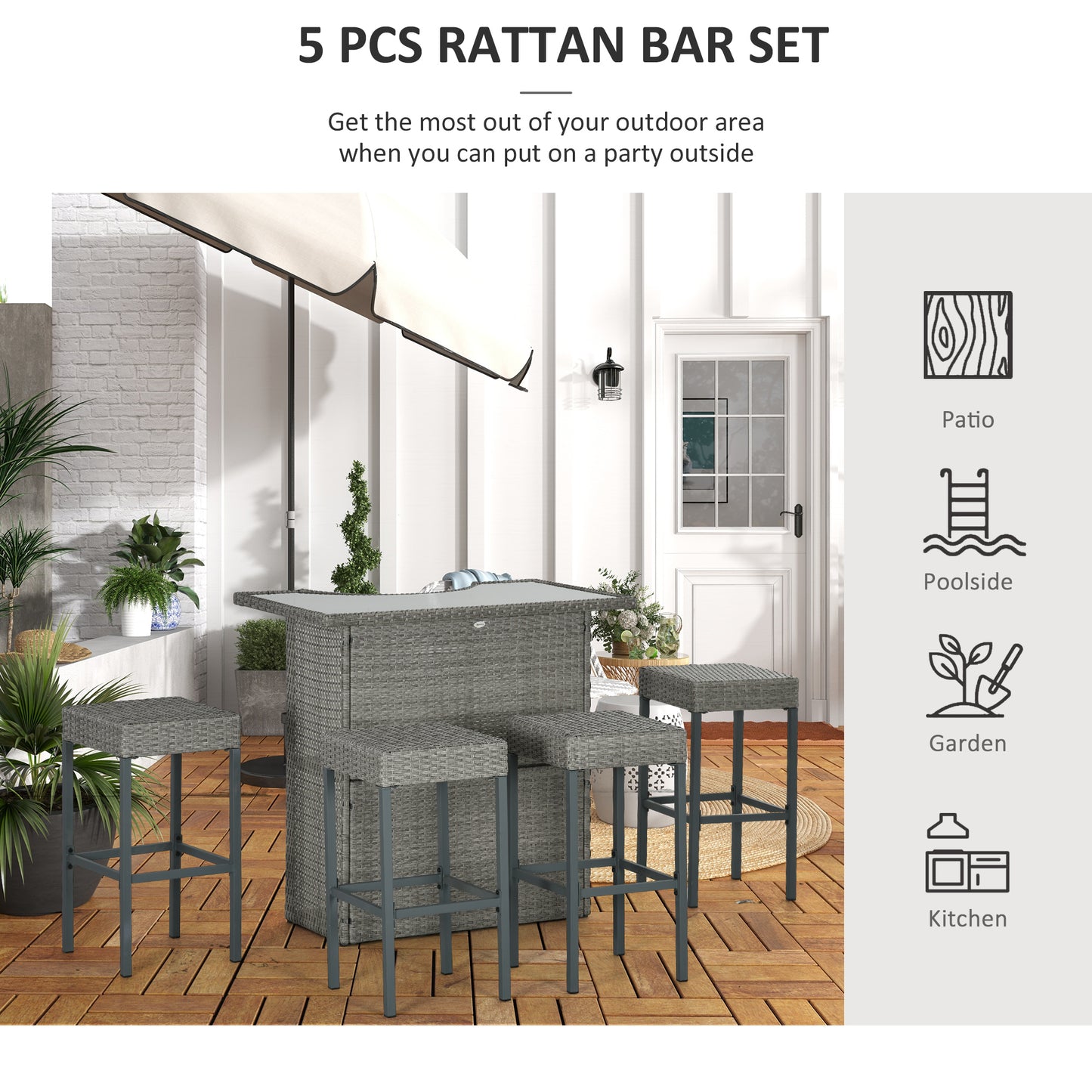 Outsunny 5 Pieces Patio Bar Set, Outdoor PE Rattan Wicker High Top Outdoor Table and Chairs Outdoor Bar Set with Tempered Glass Top Bar Table and Shelves, 4 Bar Chairs, Dark Brown