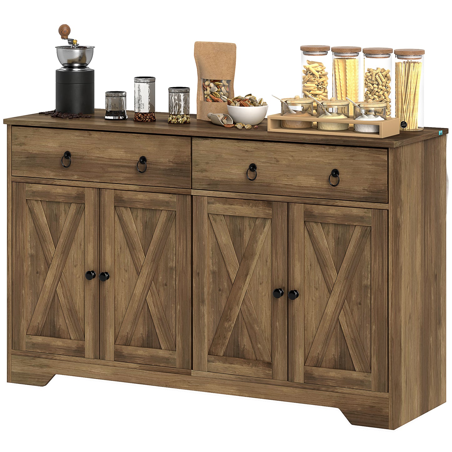 HOMCOM Sideboard Cabinet with 2 Drawers, 4 Barn Doors and 2 Adjustable Shelves, Buffet Table for Living Room, Light Brown