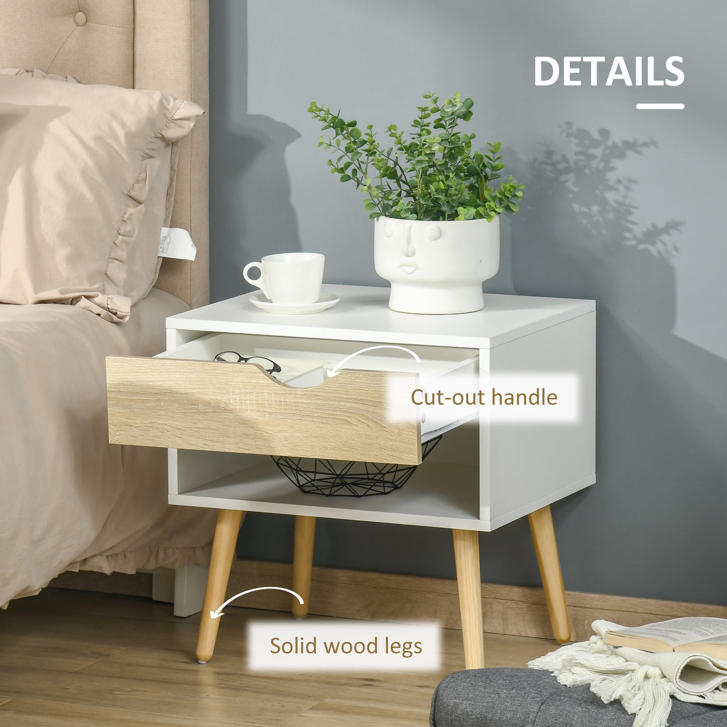 HOMCOM Set of 2 Bedside Table with Drawer and Shelf, Modern Nightstand with Wooden Legs, End Table for Bedroom, White