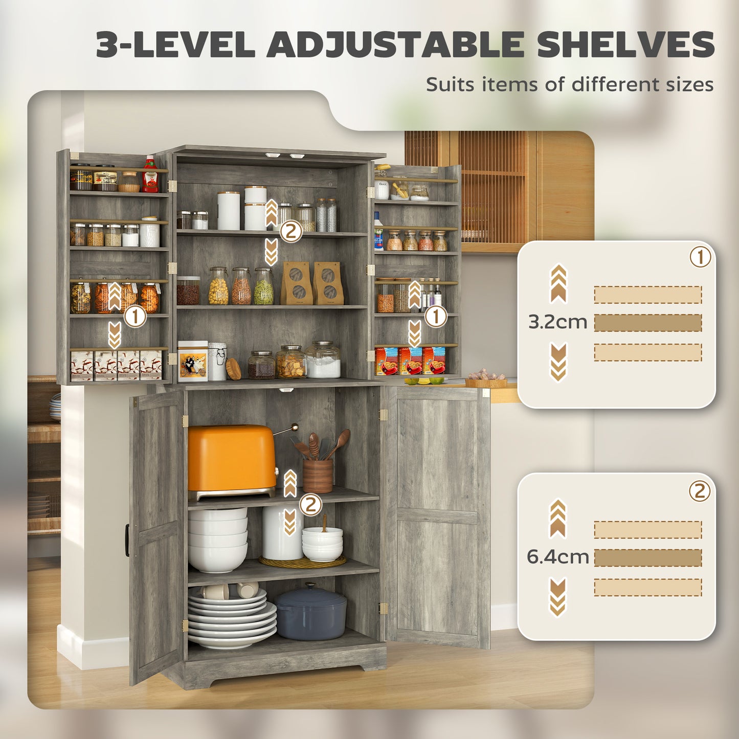 HOMCOM Farmhouse Kitchen Pantry Cabinet, Kitchen Cabinet with Barn Doors, Adjustable Shelves and Door Racks, Distressed Grey