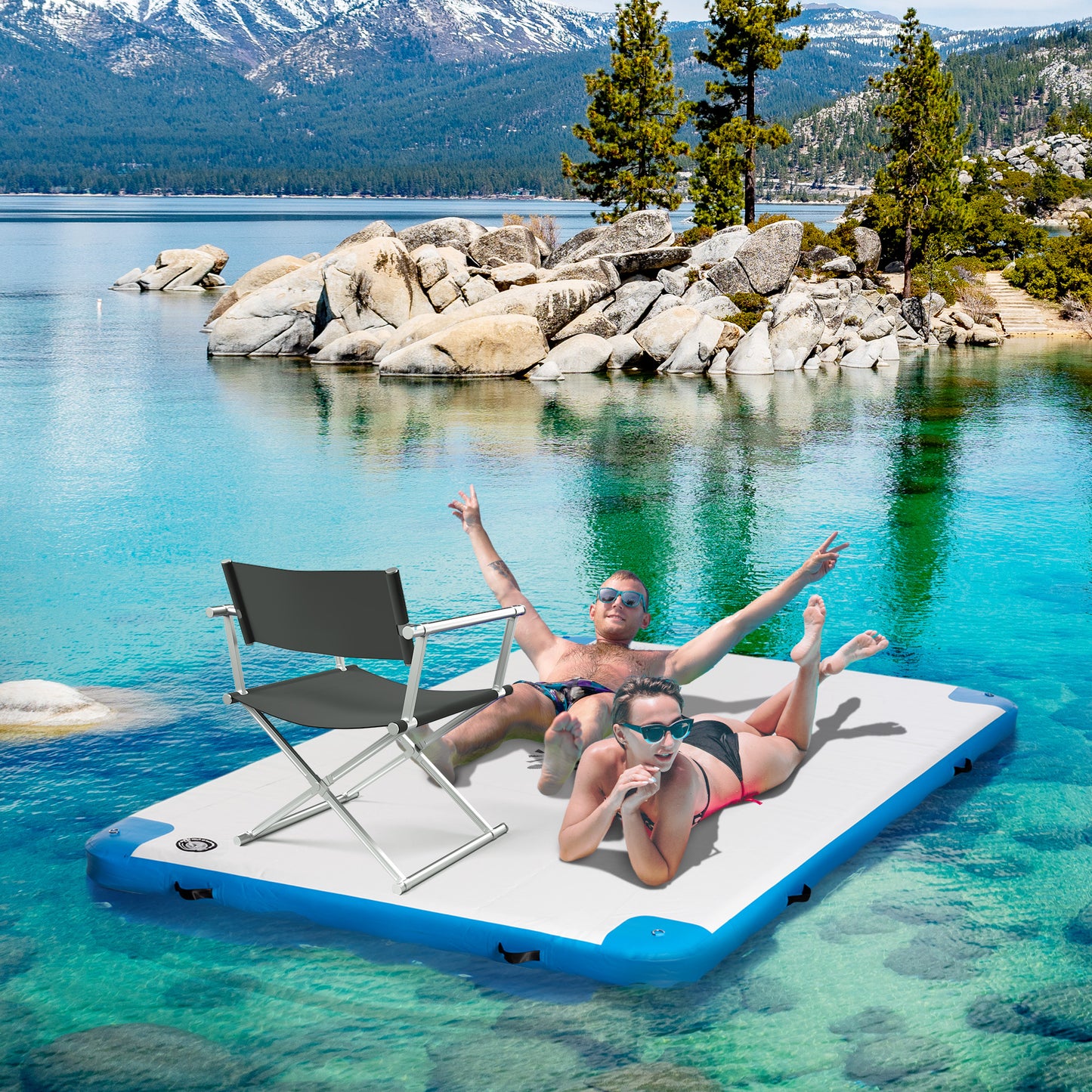 Outsunny 8' x 6' Water Floating Dock, Rafting Inflatable Island with Air Pump and Backpack for Pool, Beach, Ocean, Blue & Green
