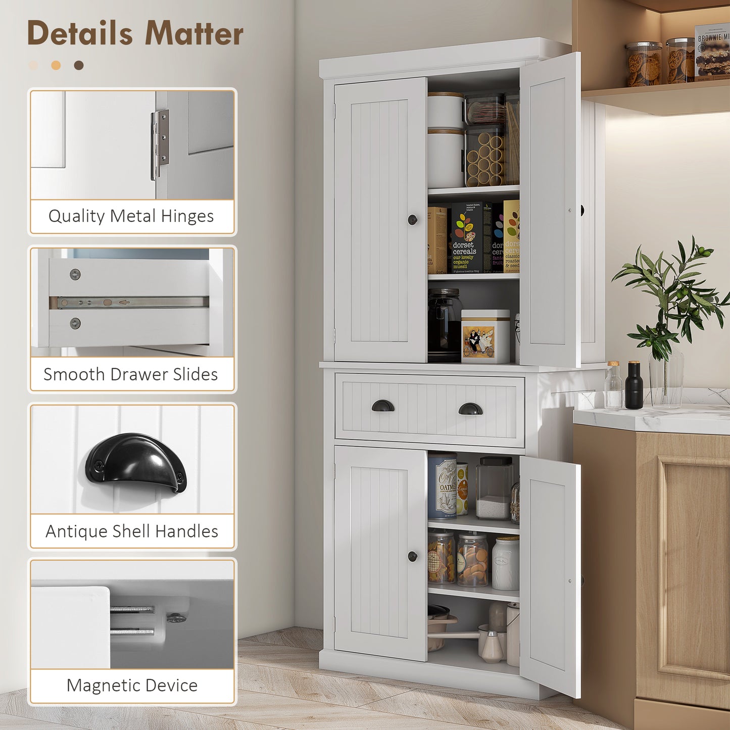 HOMCOM 72" Kitchen Pantry, Freestanding Storage Cabinet with Drawer, Doors, White