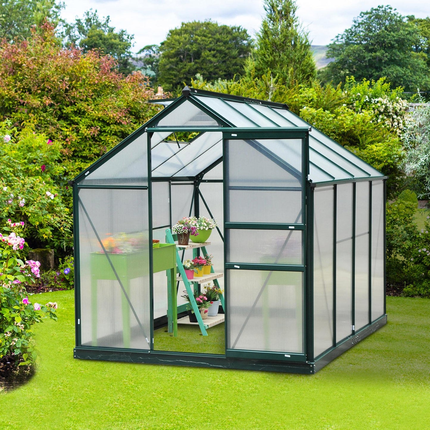 Outsunny 6' x 10' x 6.6' Polycarbonate Greenhouse, Walk-In Green House Kit Garden, Plants Grow, Galvanized Sheet Aluminum Frame with Rain Gutter, Vents and Sliding Door, Green