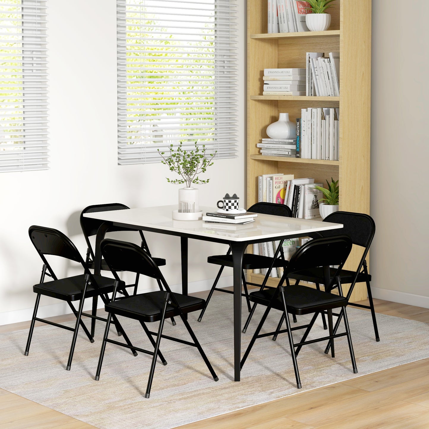 HOMCOM Set of 6 Metal Foldable Chairs, Linen Padded Folding Chairs with Cushion Seat and Open Back for Indoor, Black