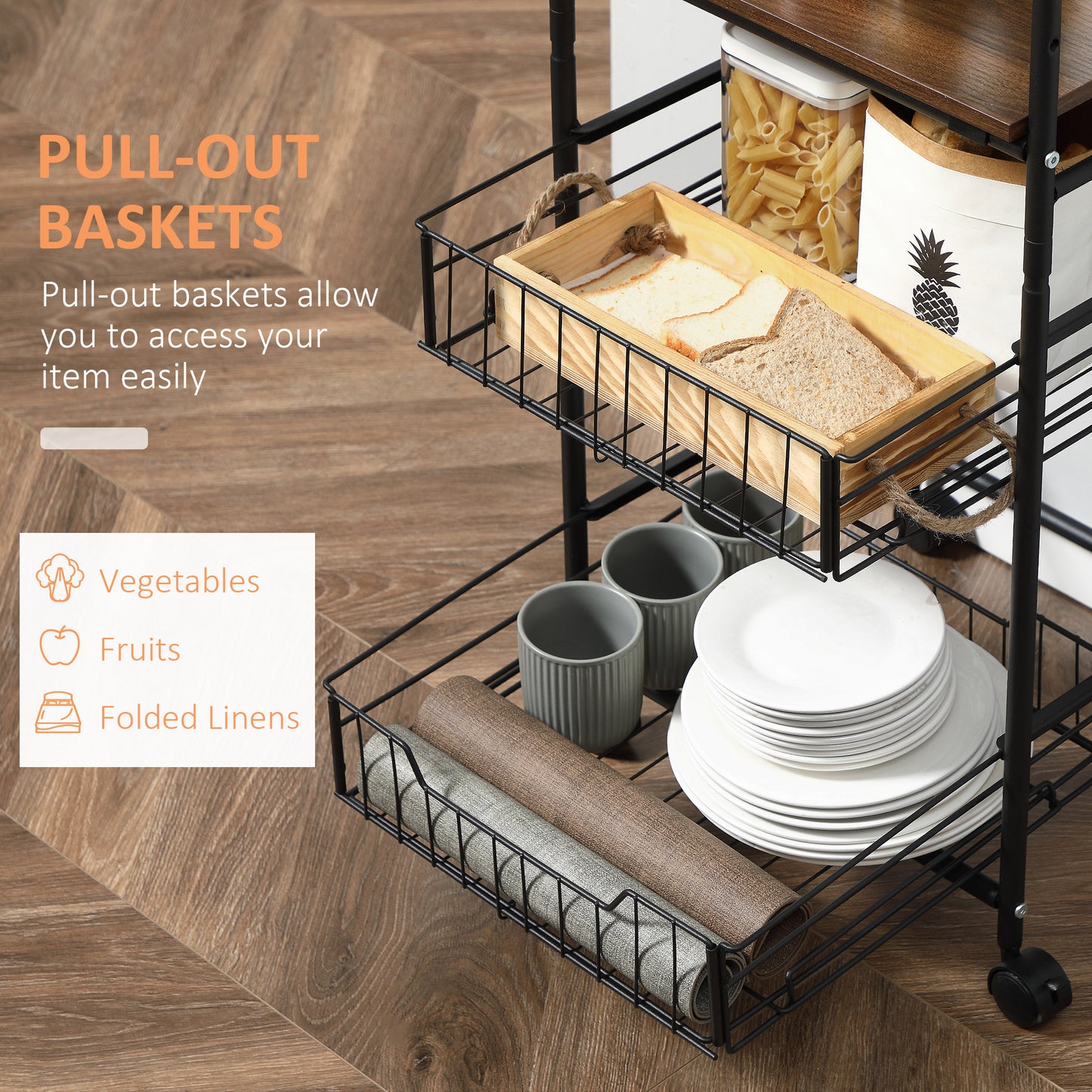 HOMCOM Rolling Kitchen Cart, 3-Tier Utility Storage Cart with 2 Basket Drawers & Side Hooks, Lockable Casters for Dining Room