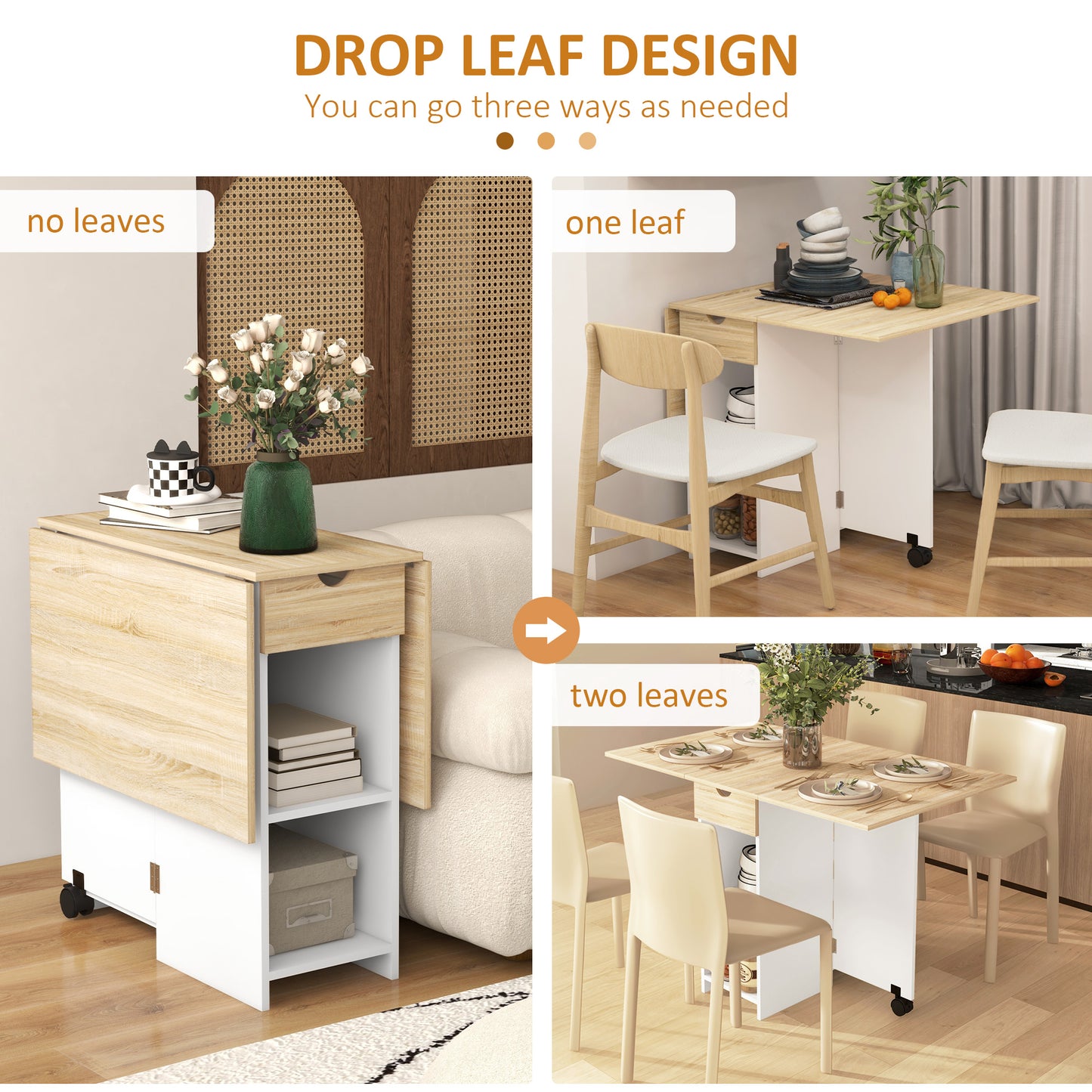 HOMCOM Folding Dining Table, Space Saving Drop Leaf Table with Drawer and Storage Shelves for Kitchen, Dining Room, Oak