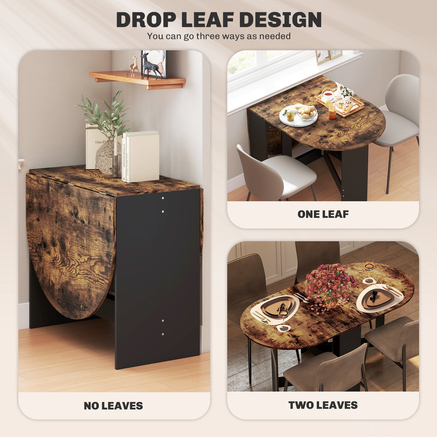 HOMCOM Oval Folding Dining Table, Space Saving Drop Leaf Kitchen Table for Dining Room, Living Room, Distressed Brown