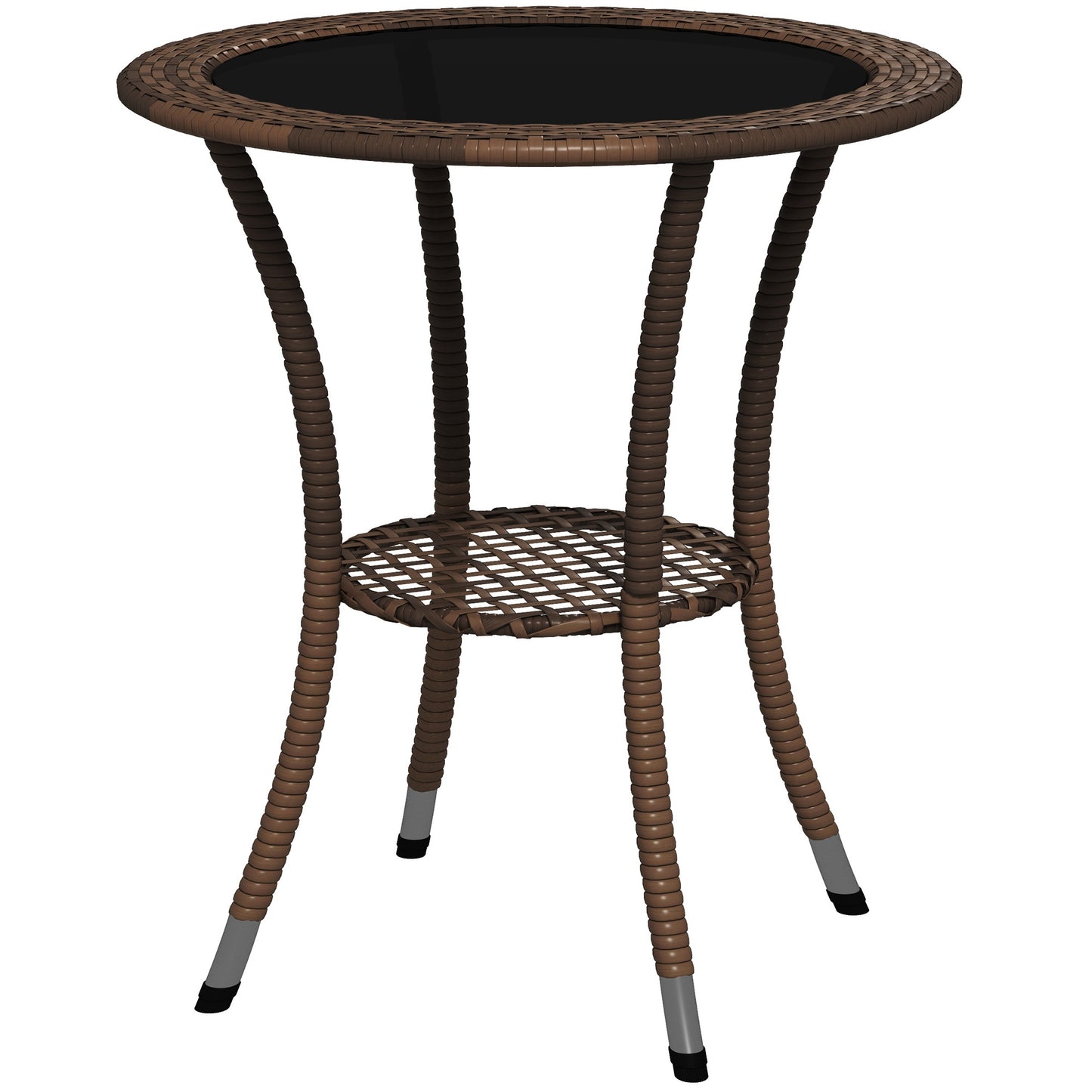 Outsunny Outdoor Rattan Dining Table, Patio Wicker Round Coffee Table with 2-Tier Storage Shelf, Brown