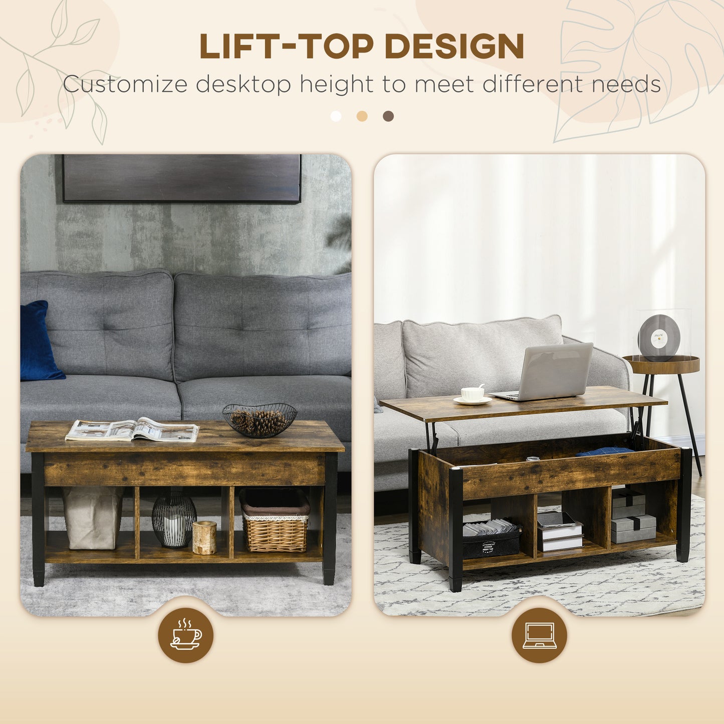 HOMCOM Lift Top Coffee Table with Hidden Storage Compartment and 3 Lower Shelves, Pop-Up Center Table for Living Room, Espresso