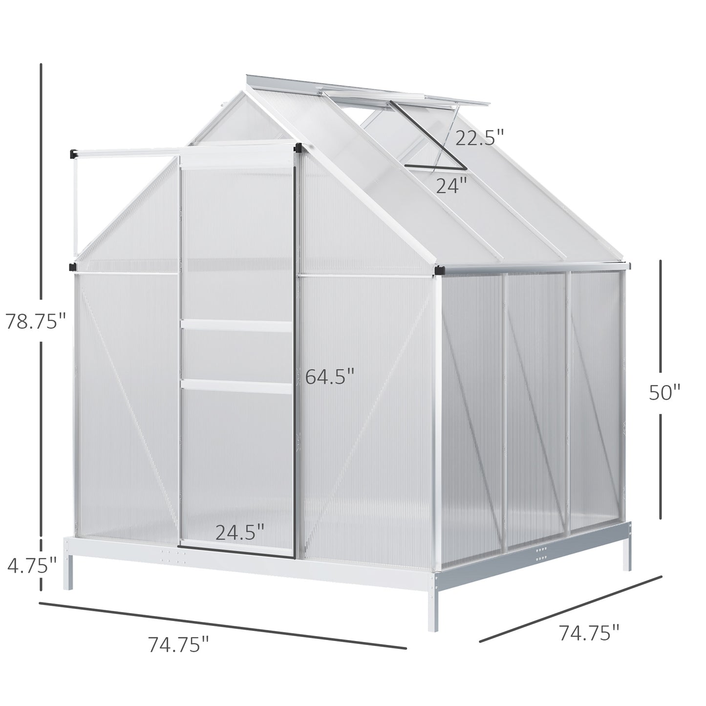 Outsunny 6' x 12' x 6.5' Walk-in Greenhouse, Polycarbonate Greenhouse with Adjustable Roof Vent, Base, Sliding Door, Clear