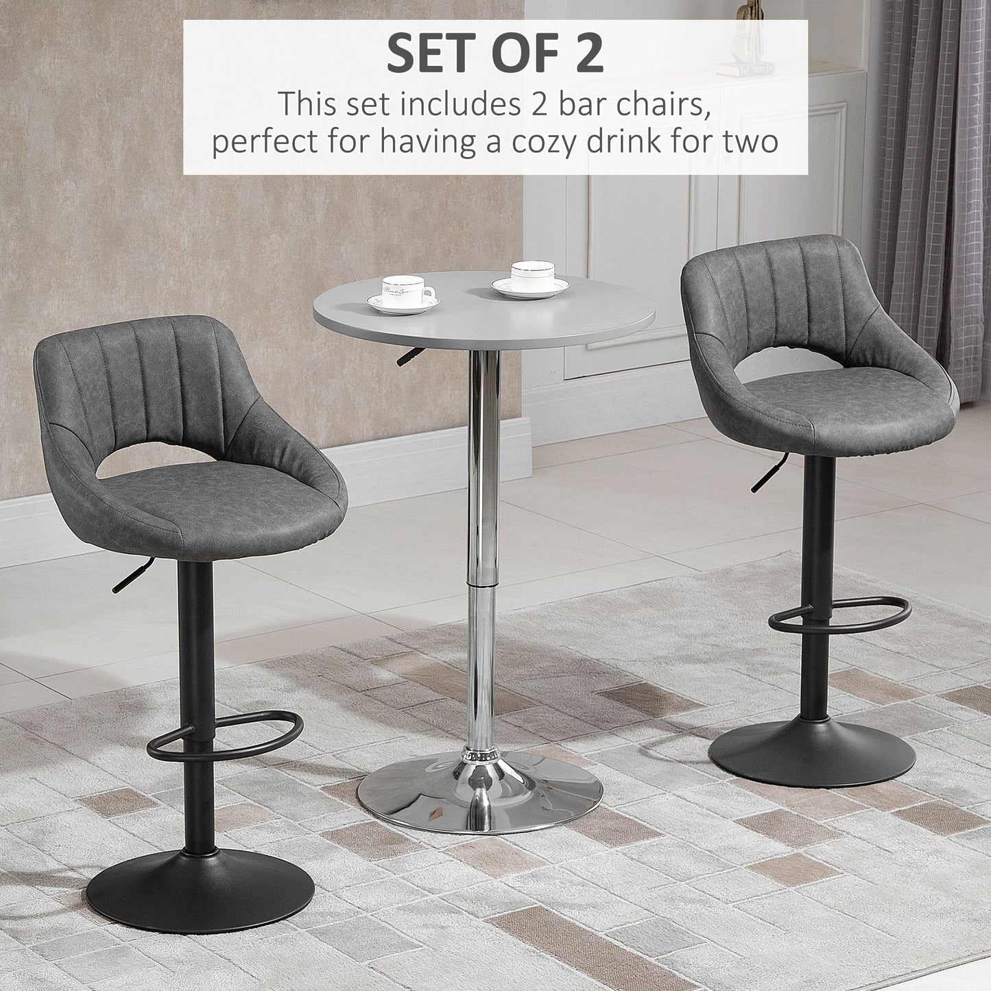 HOMCOM Bar Stools Set of 2, Swivel Counter Height Barstools with Adjustable Height, Linen Upholstered Bar Chairs with Round Metal Base and Footrest, Blue
