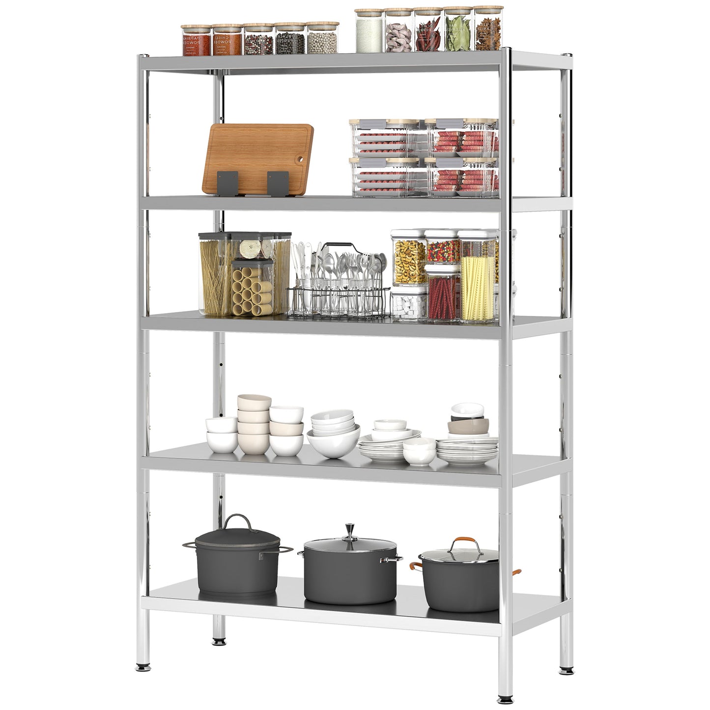 HOMCOM Bakers Rack, 5-Tier Stainless Steel Kitchen Storage Shelf with Adjustable Heights for Spices, Pots and Pans, Silver