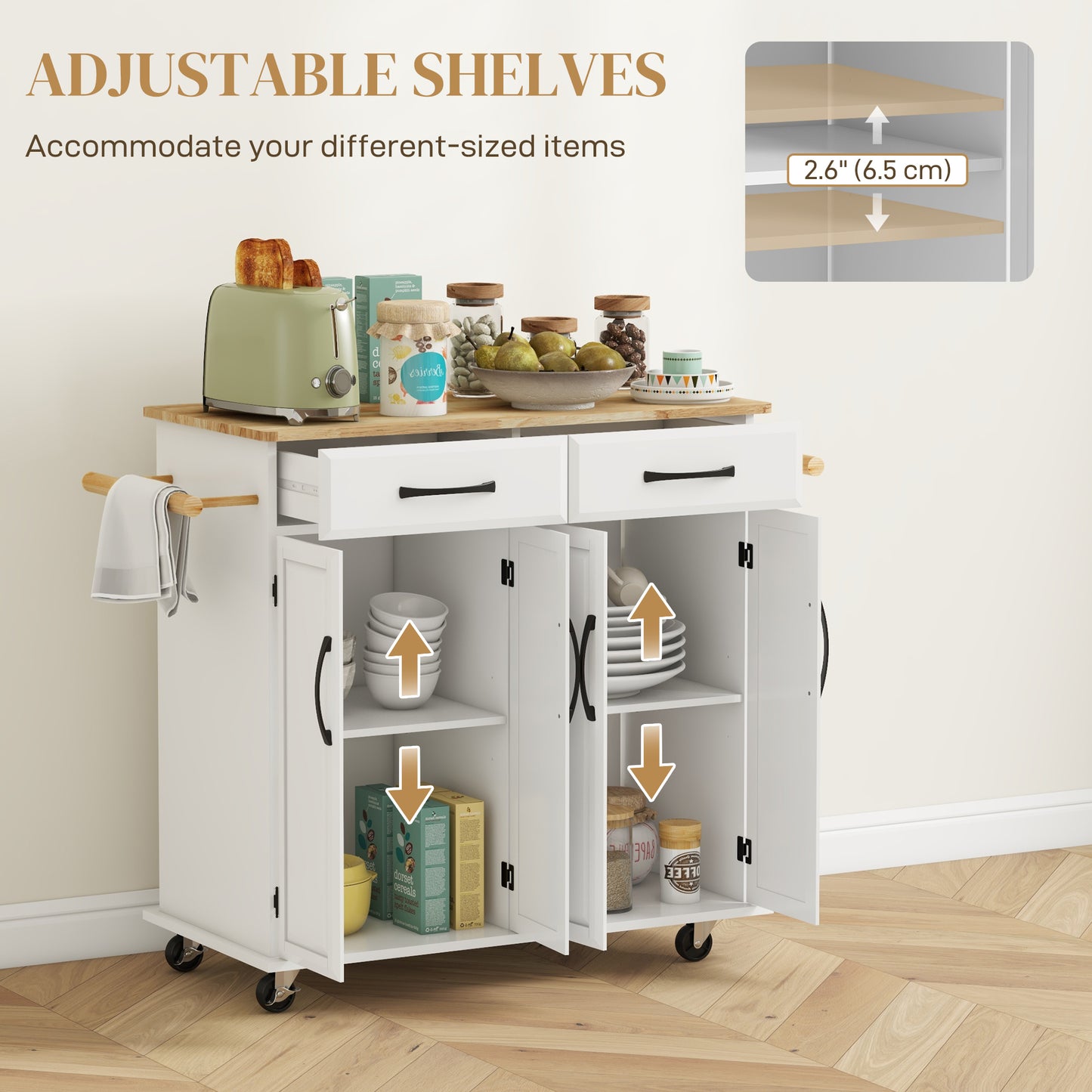 HOMCOM Kitchen Island on Wheels with Rubberwood Top, Rolling Kitchen Cart with 2 Drawers, 4 Doors and Adjustable Shelves
