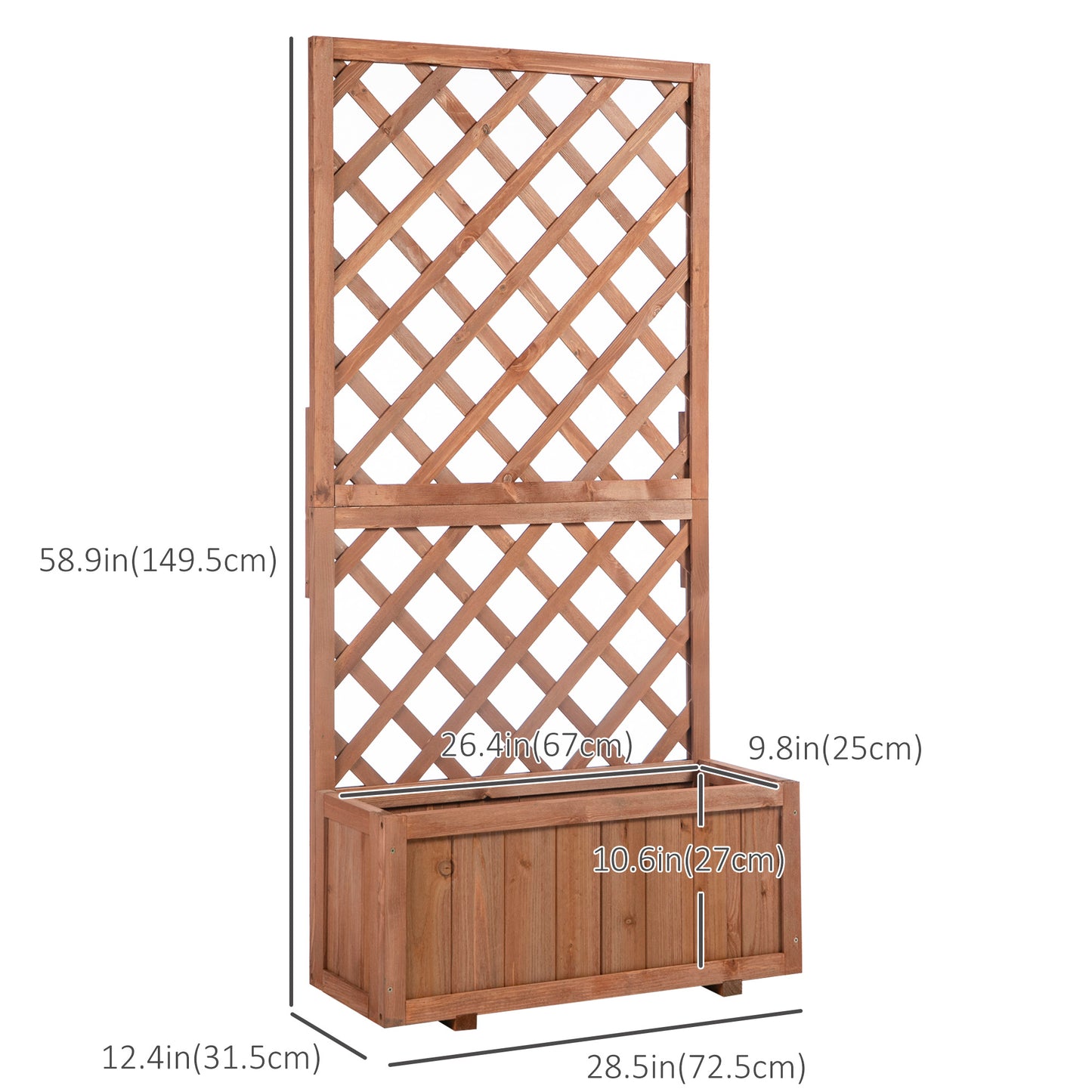 Outsunny 2.4 x 1 x 4.9 ft Garden Wooden Pine Trough Planter with Topped Trellis Climbing Plants Flower Raised Bed, Orange