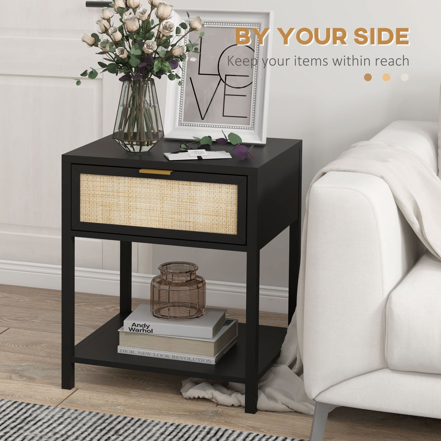HOMCOM Boho Nightstand, Bedside Table with Rattan Drawer and Open Shelf, Side End Table for Bedroom, Living Room