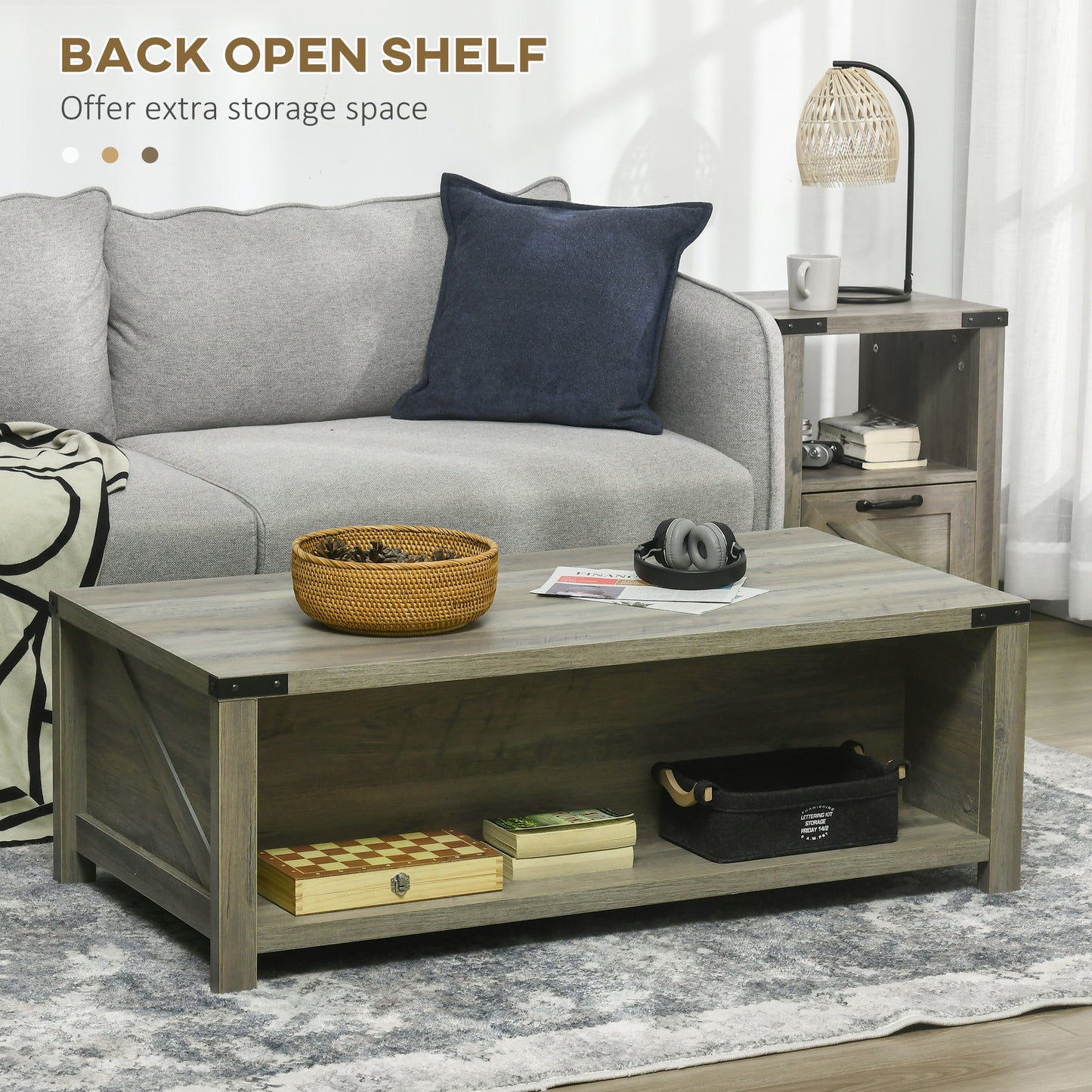 HOMCOM Industrial Coffee Table Side End Table with Drawer, Open Storage Shelf, Modern Farmhouse Furniture, for Living Room, Dining Room, Office, White Oak