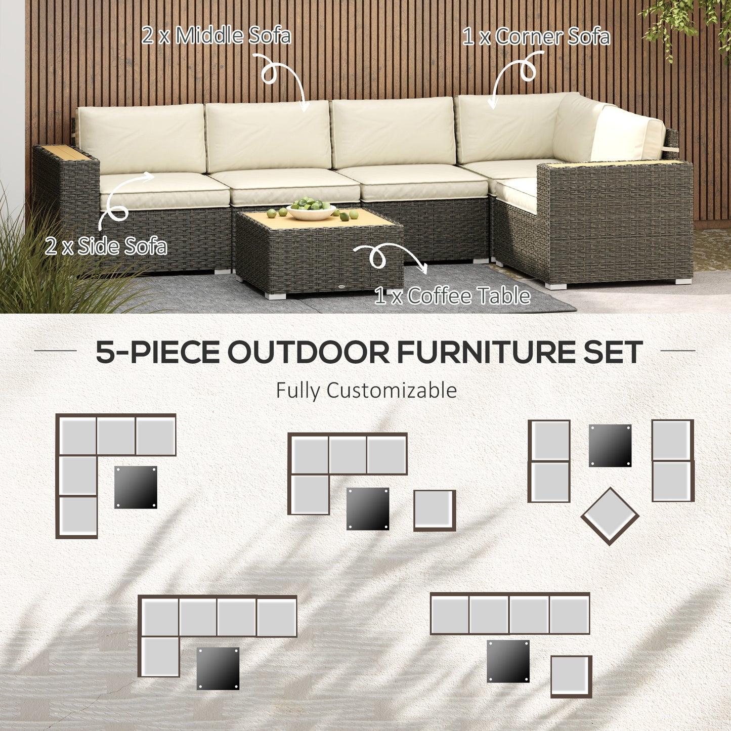 Outsunny 6 Pieces Outdoor Rattan Patio Furniture Set with Corner Sofa, Wood-Plastic Coffee Table, Navy Blue