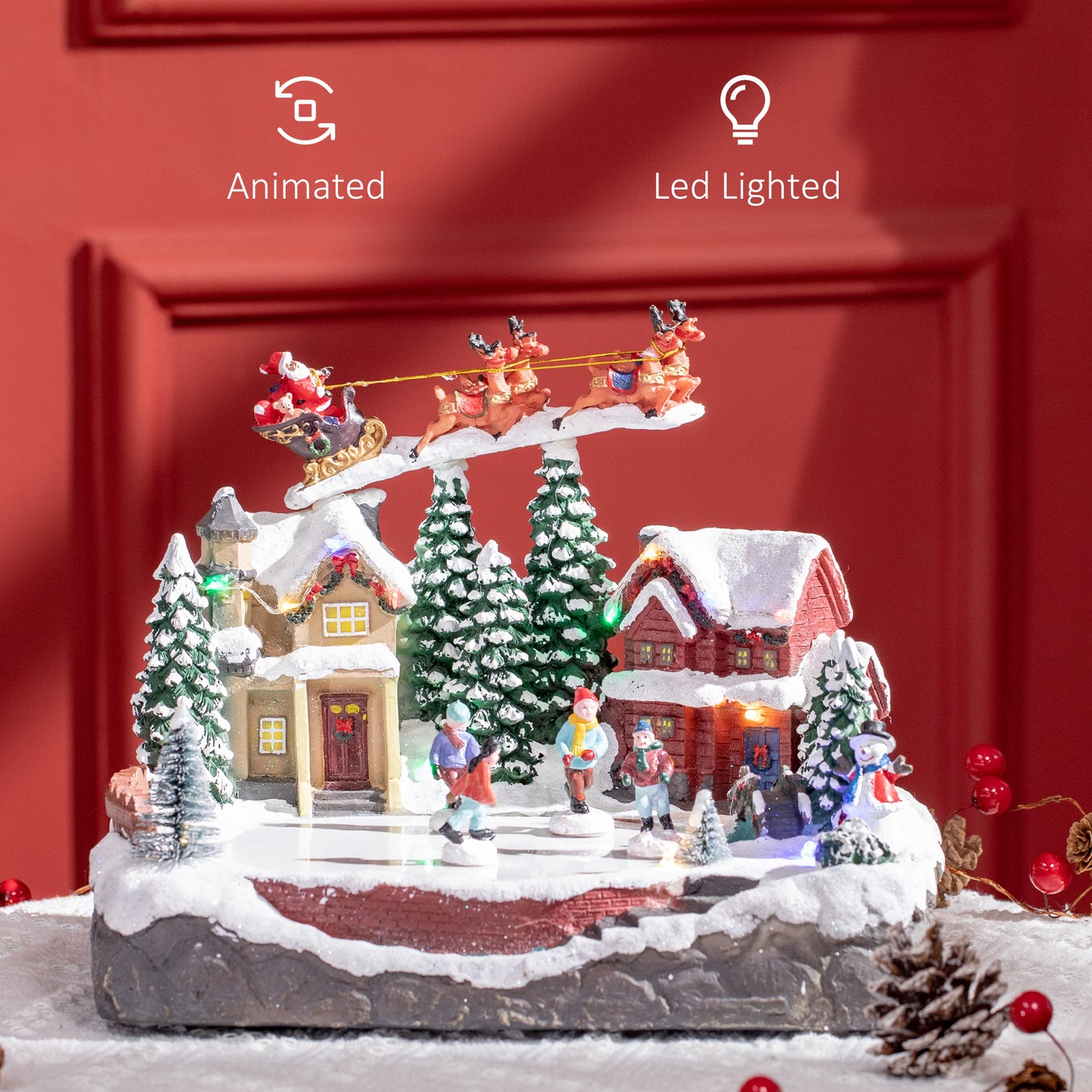 HOMCOM Christmas Village, Santa and Deer Skating Pond Animated Winter Wonderland Set with Multicolored LED Light, Plug-In Christmas Decoration