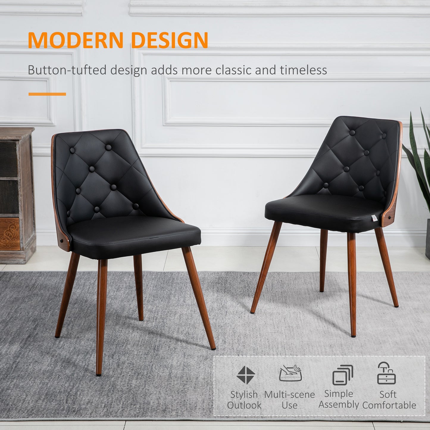 HOMCOM Dining Chairs Set of 2, Tufted Kitchen Chairs, PU Leather Upholstered Seats and Steel Legs for Dining Room, Black