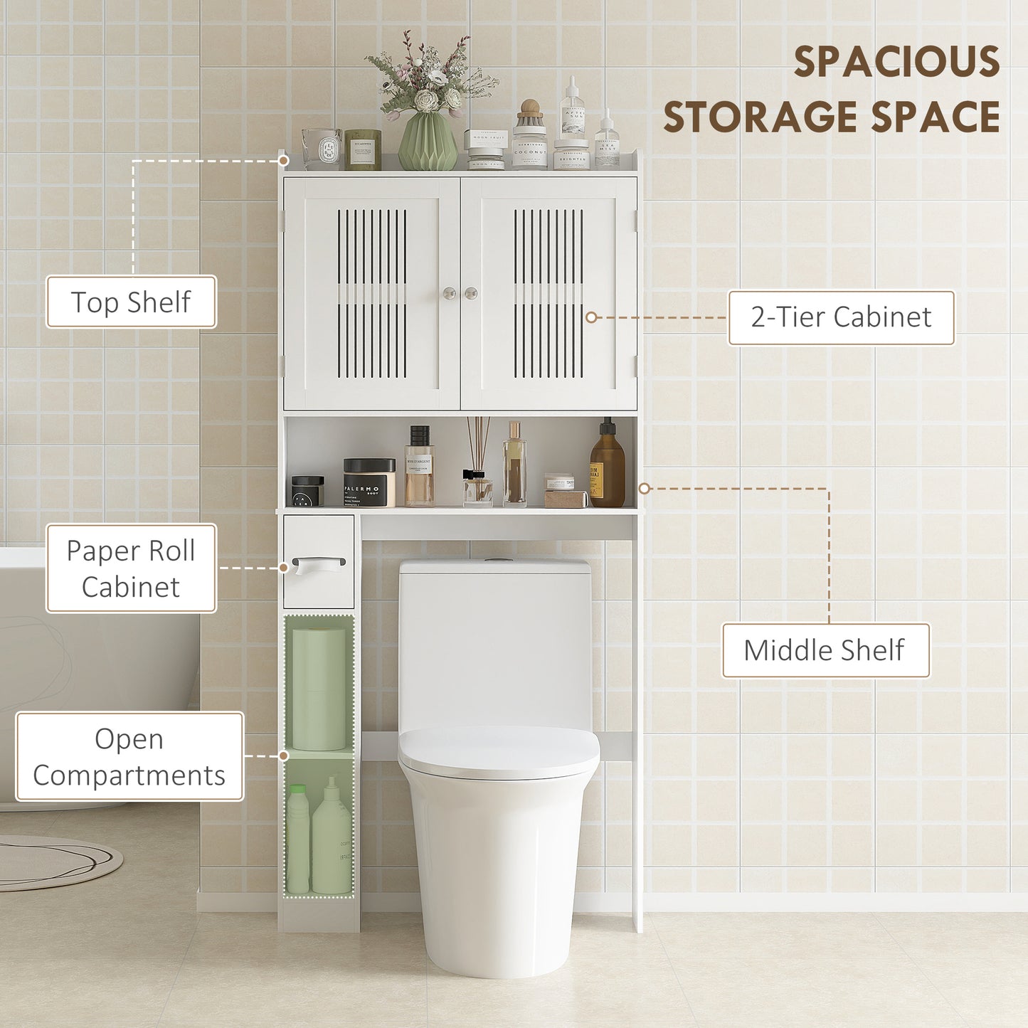 HOMCOM Over the Toilet Storage Cabinet, Bathroom Organizer with Adjustable Shelf, Toilet Paper Holder for Bathroom, Laundry