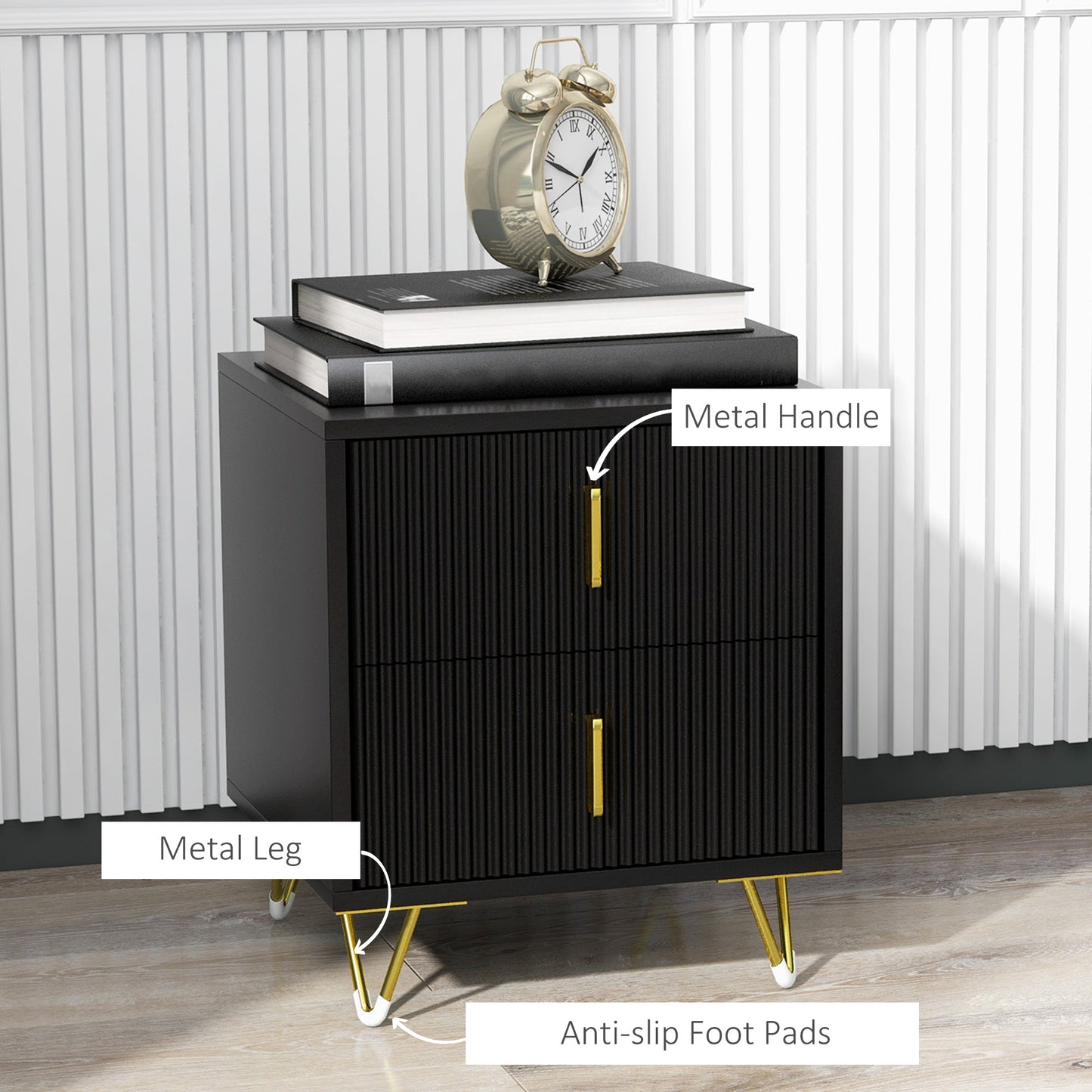 HOMCOM Bedside Table, Modern Nightstand with 2 Drawers, Side End Table with Metal Legs for Living Room, Bedroom, Black