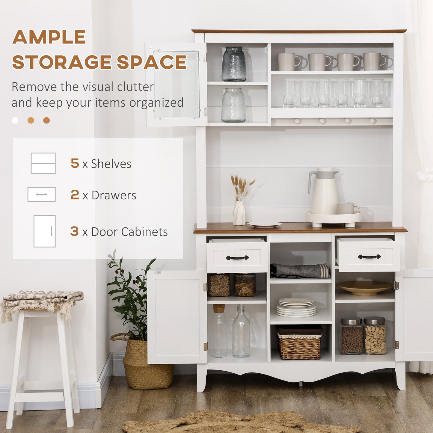 HOMCOM 71" Kitchen Buffet with Hutch, Farmhouse Style Storage Cupboard with Utility Drawer, 3 Door Cabinets and 5-tier Shelves, White