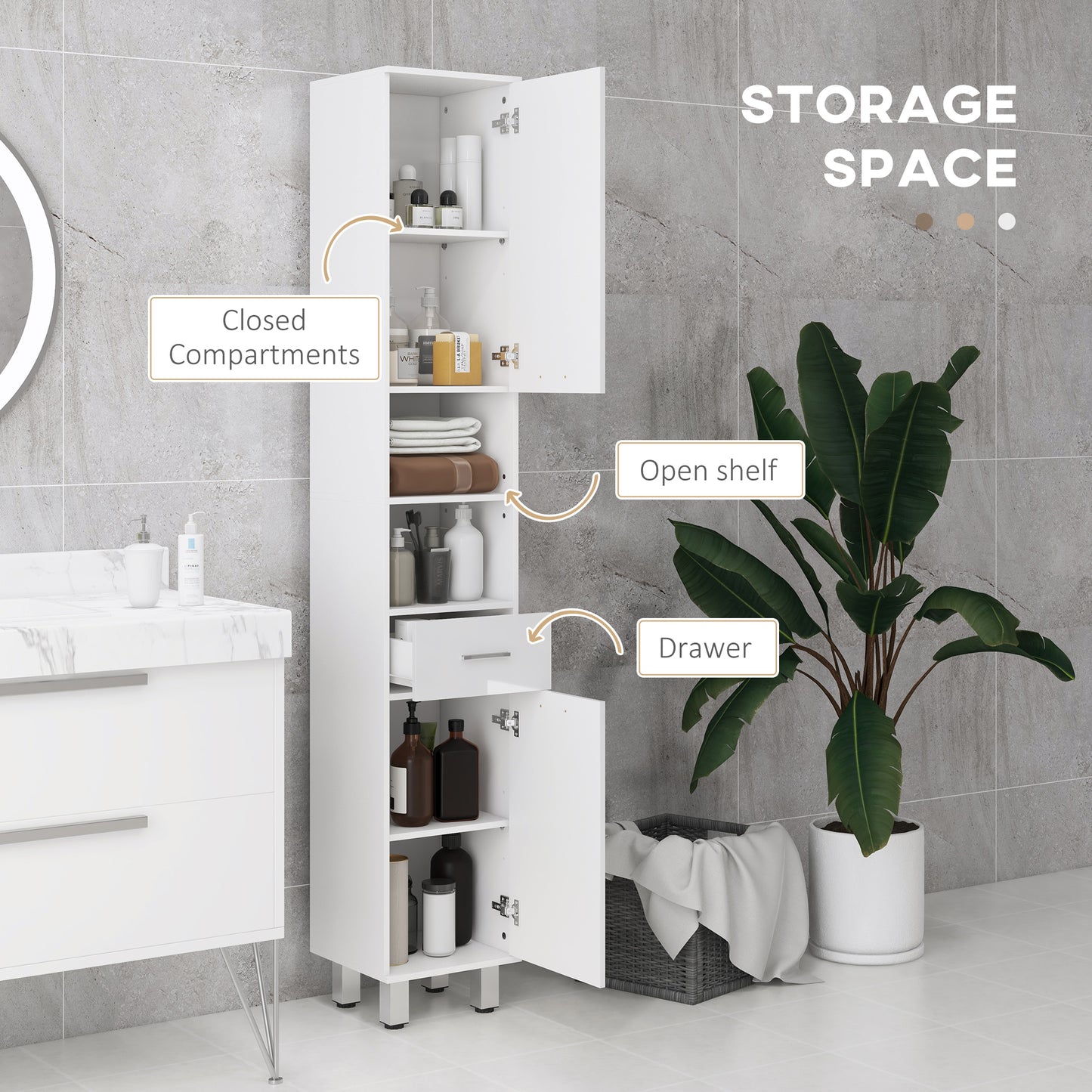 kleankin 71" Tall Bathroom Storage Cabinet, Narrow Linen Tower with Drawer, Open Shelves, 2 Doors Cabinets and Adjustable Shelves, High Gloss White