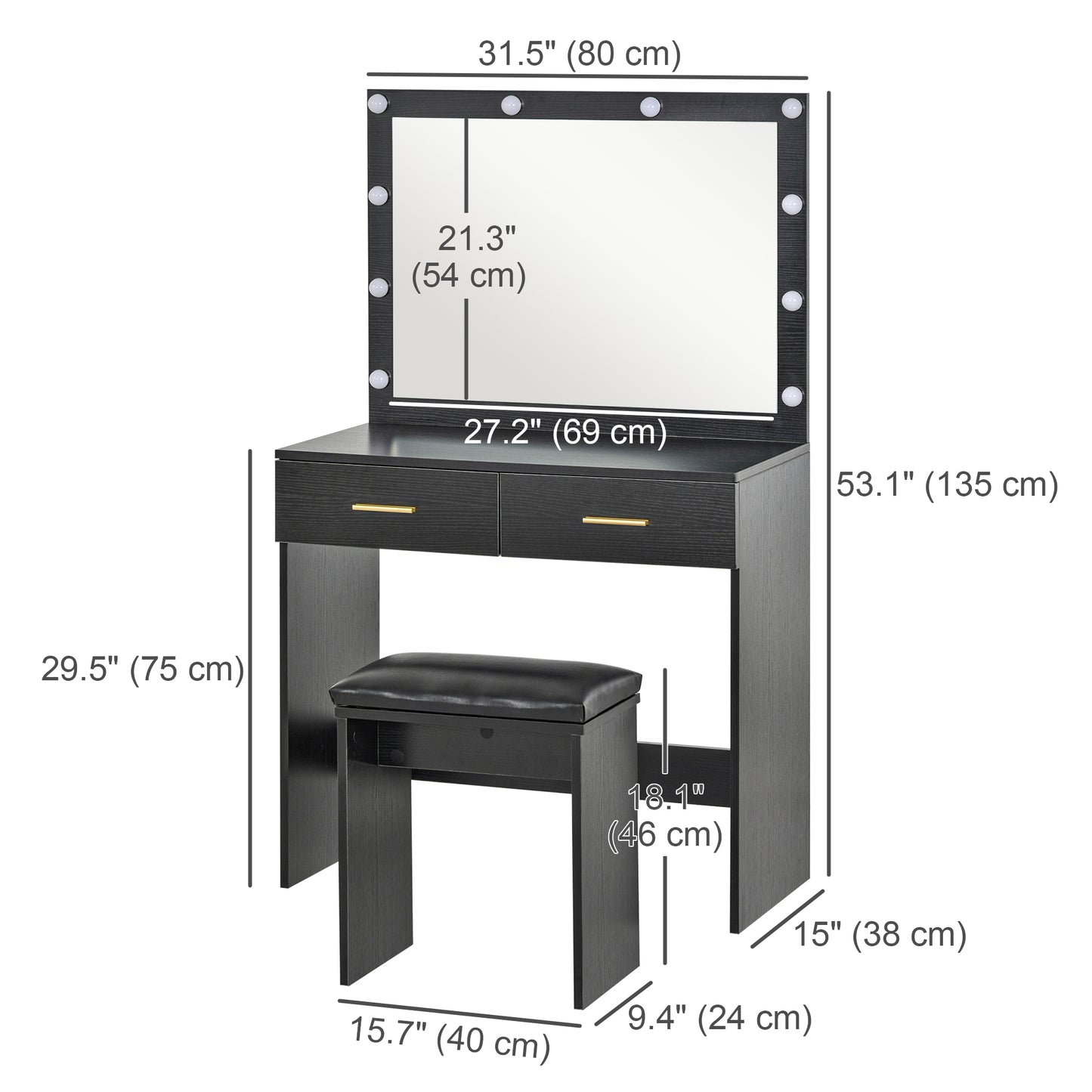 HOMCOM Makeup Vanity Desk Set with Stool, Dressing Table with LED Lighting Mirror, Drawers, for Bedroom, Black