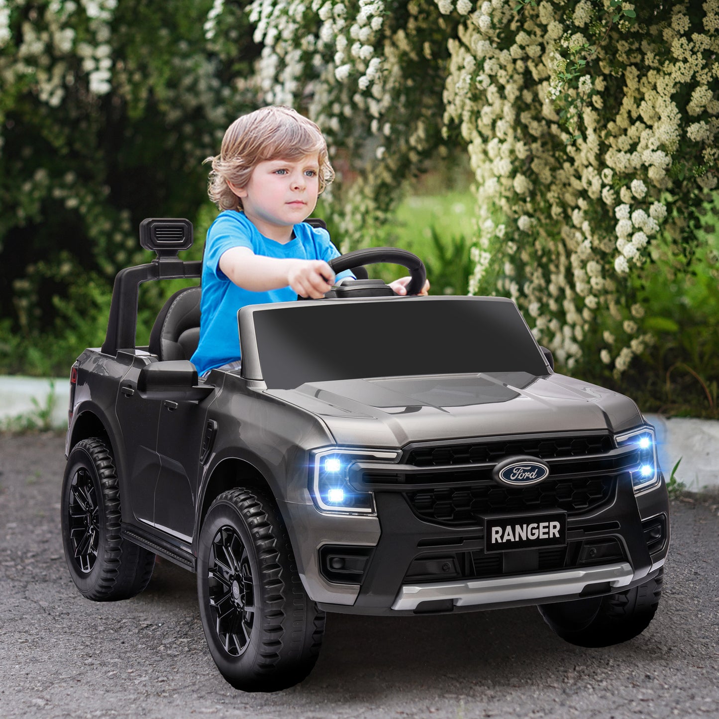 Qaba Ford Ranger Licensed 12V Ride on Car Battery Powered Kids Truck w/ Rear Storage Remote, Spring Suspension, Blue