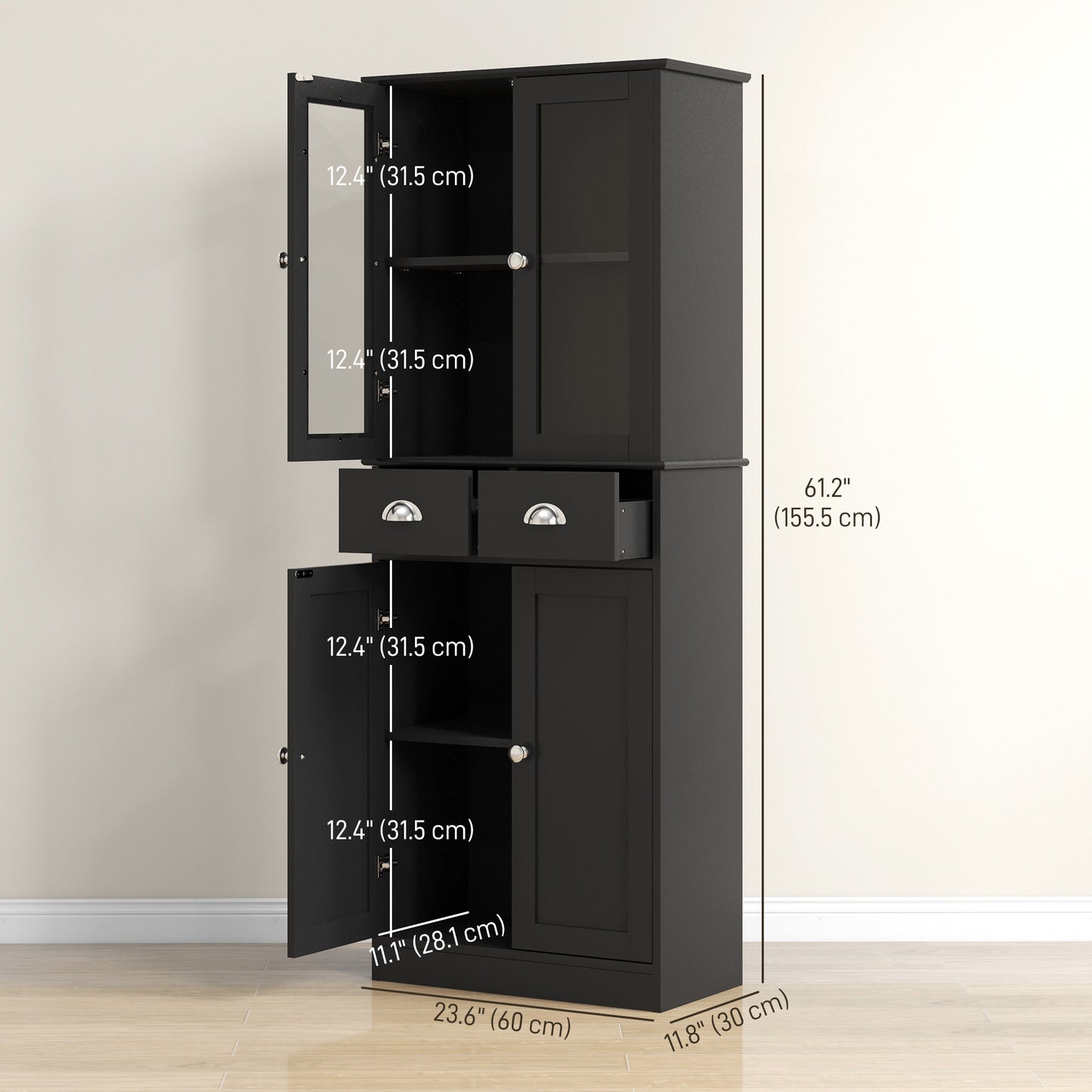 HOMCOM 61" Kitchen Pantry Cabinet, Freestanding Farmhouse Buffet Storage Cabinet with Soft Close Glass Doors and Adjustable Shelves, White