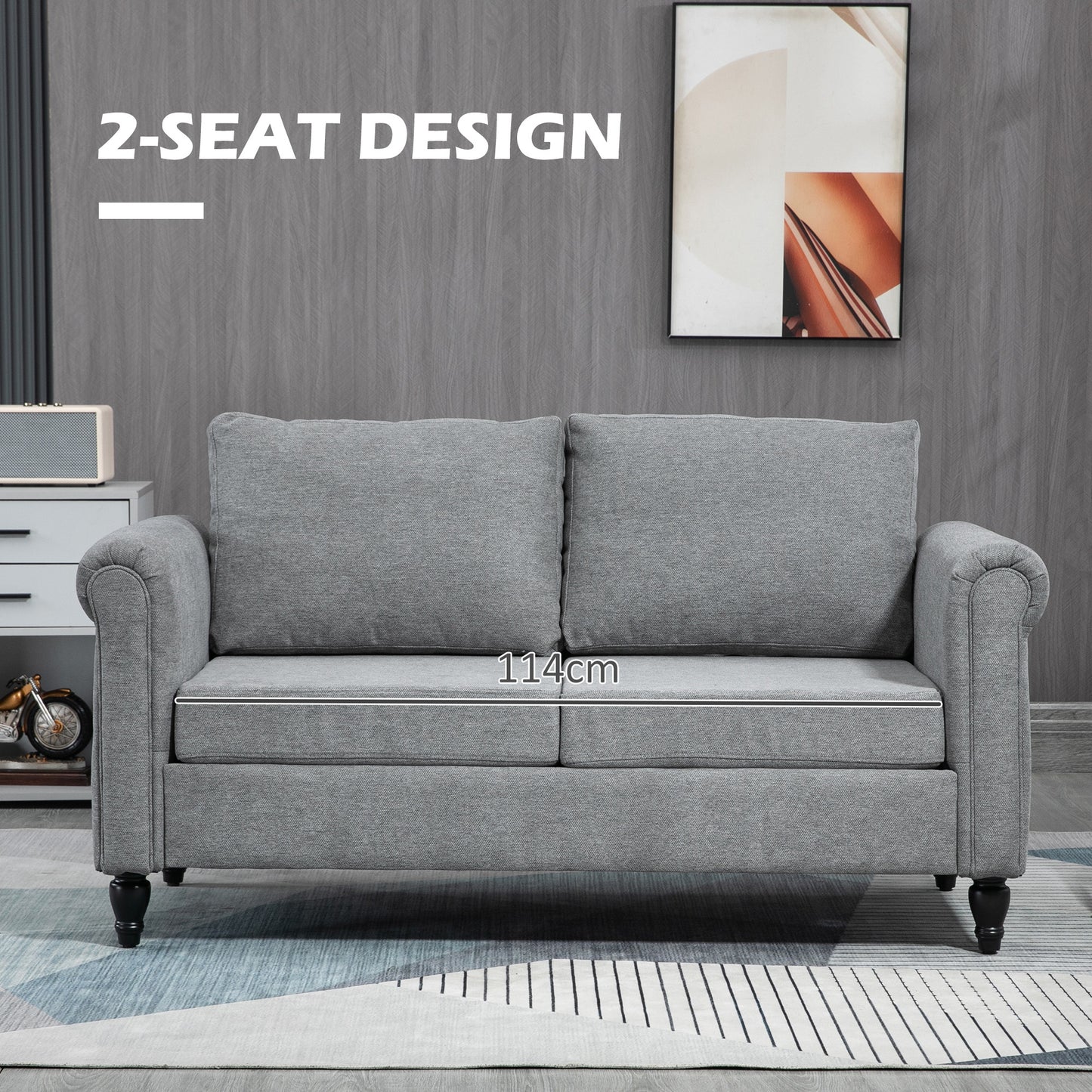 HOMCOM Vintage Loveseat, Upholstered Love Seat Furniture, Chenille-feel Fabric 2 Seater Sofa Couch with Rolled Arms, Gourd-Shaped Rubber Wood Legs for Living Room, Dark Grey