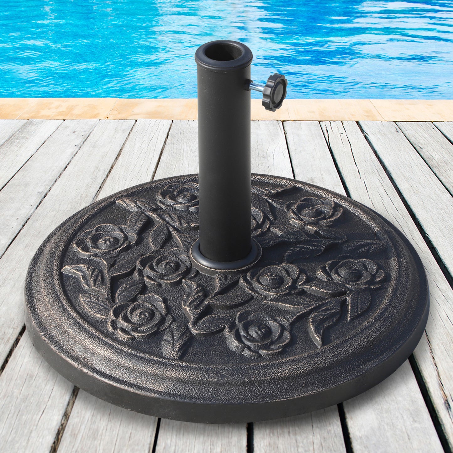 Outsunny 18� Round Patio Umbrella Base Outdoor Decorative Cast Stone Resin Parasol Stand Market Garden Umbrella Holder, Bronze