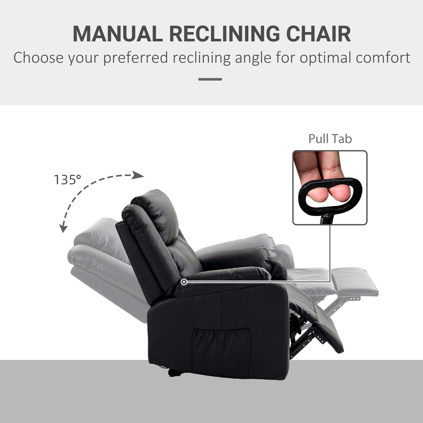 HOMCOM PU Leather Reclining Chair, Recliner Chair for Living Room with Footrest and 2 Side Pockets, Black