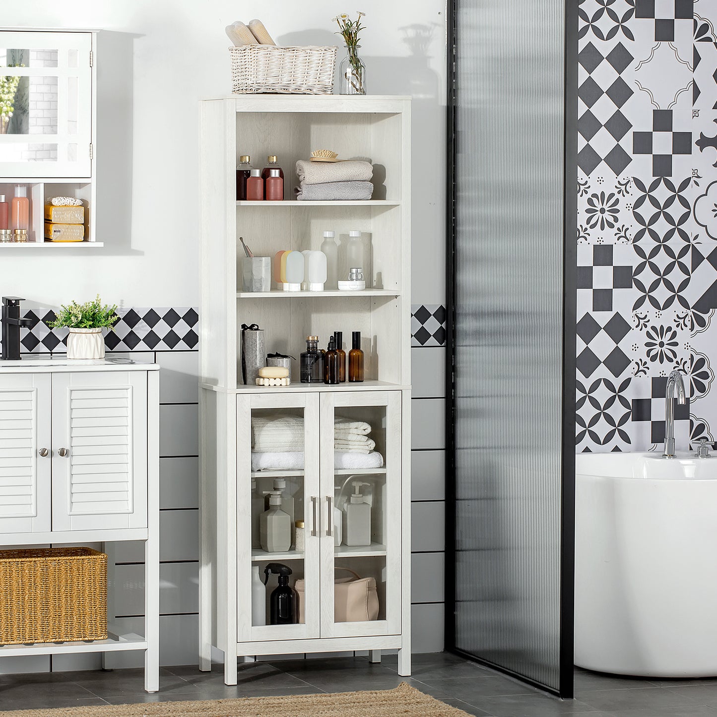 kleankin Tall Bathroom Storage Cabinet with 3 Tier Shelf, Bookcase with Glass Doors, Freestanding Linen Tower with Adjustable Shelves, Antique White