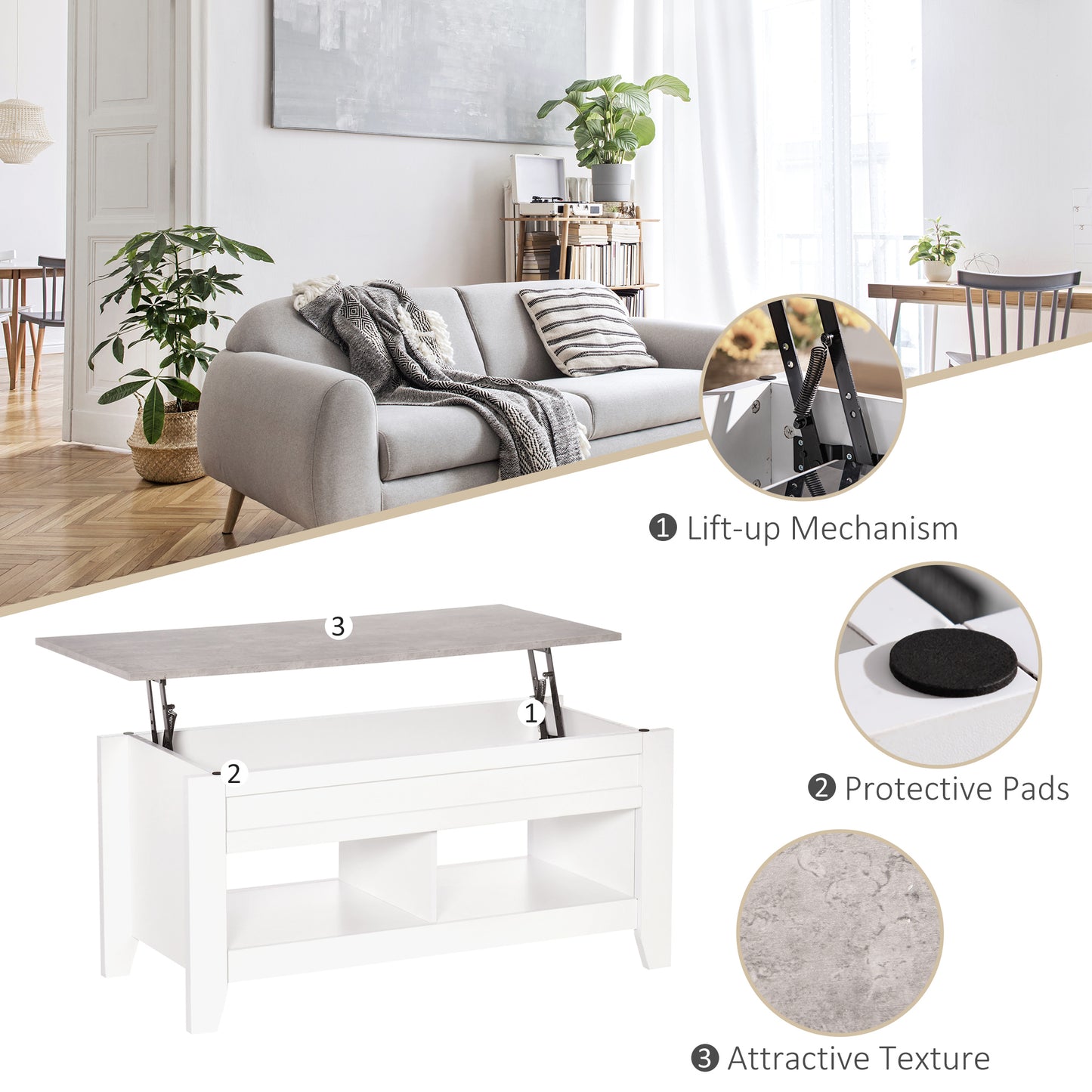 HOMCOM Lift Top Coffee Table with Hidden Storage Compartment and Open Shelves, Lift Tabletop Pop-Up Center Table for Living Room, White