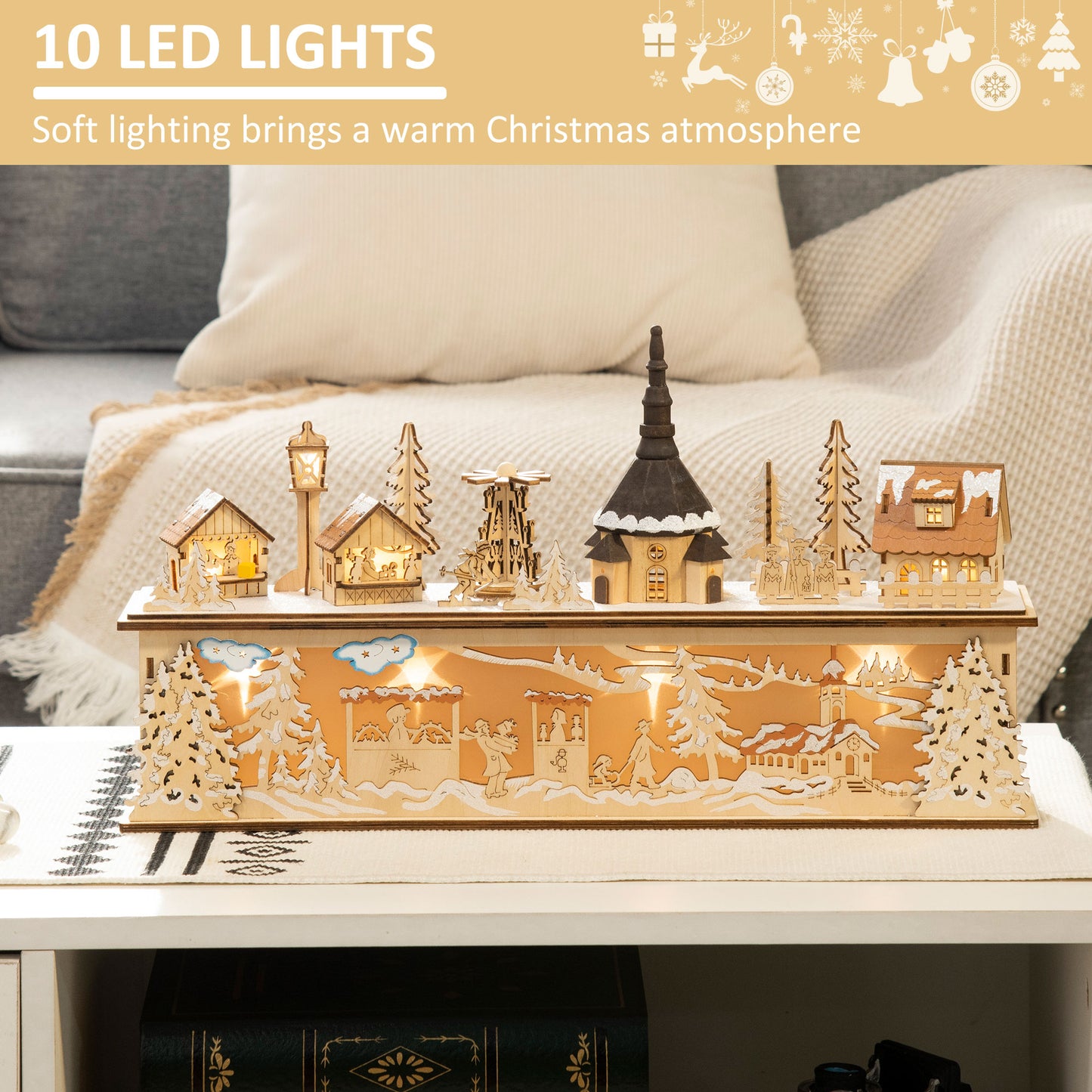 HOMCOM Desktop Christmas Decoration, Christmas Village Houses with Church, Windmill Battery Operated, Natural Wood