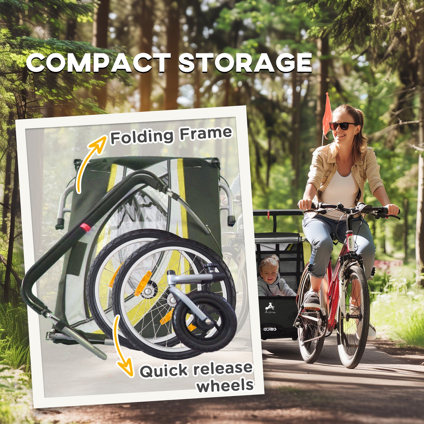Aosom 2 Seat Bike Trailer for Kids 2-in-1 Double Baby Jogging Stroller with Handbrake, Rubber Wheels, 5 Point Harness, Waterproof Cover, Storage Bag, Reflectors, Yellow