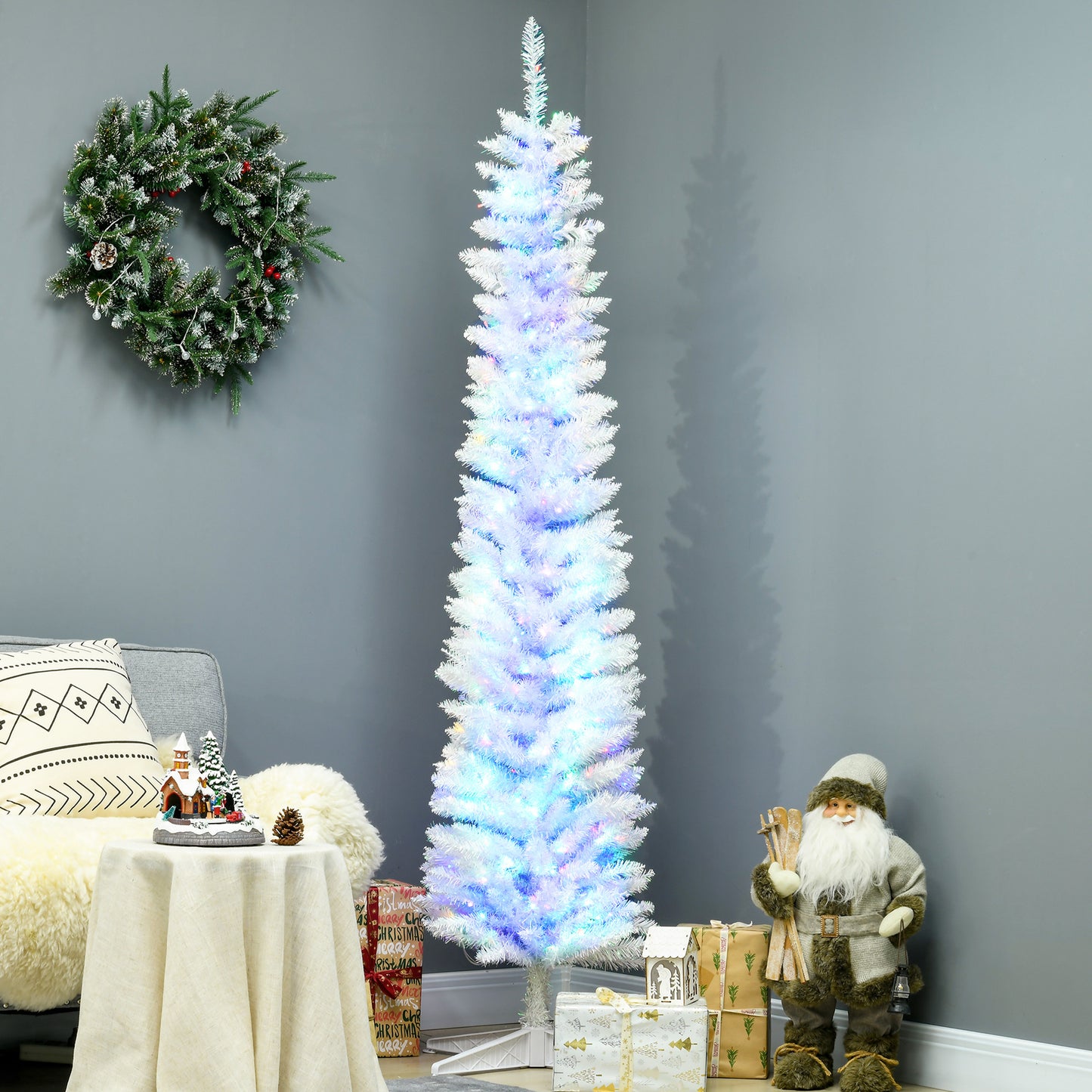 HOMCOM 7' Prelit Christmas Trees, Pencil Artificial Christmas Tree with Colourful Surface Tips, Colourful LED Lights, White