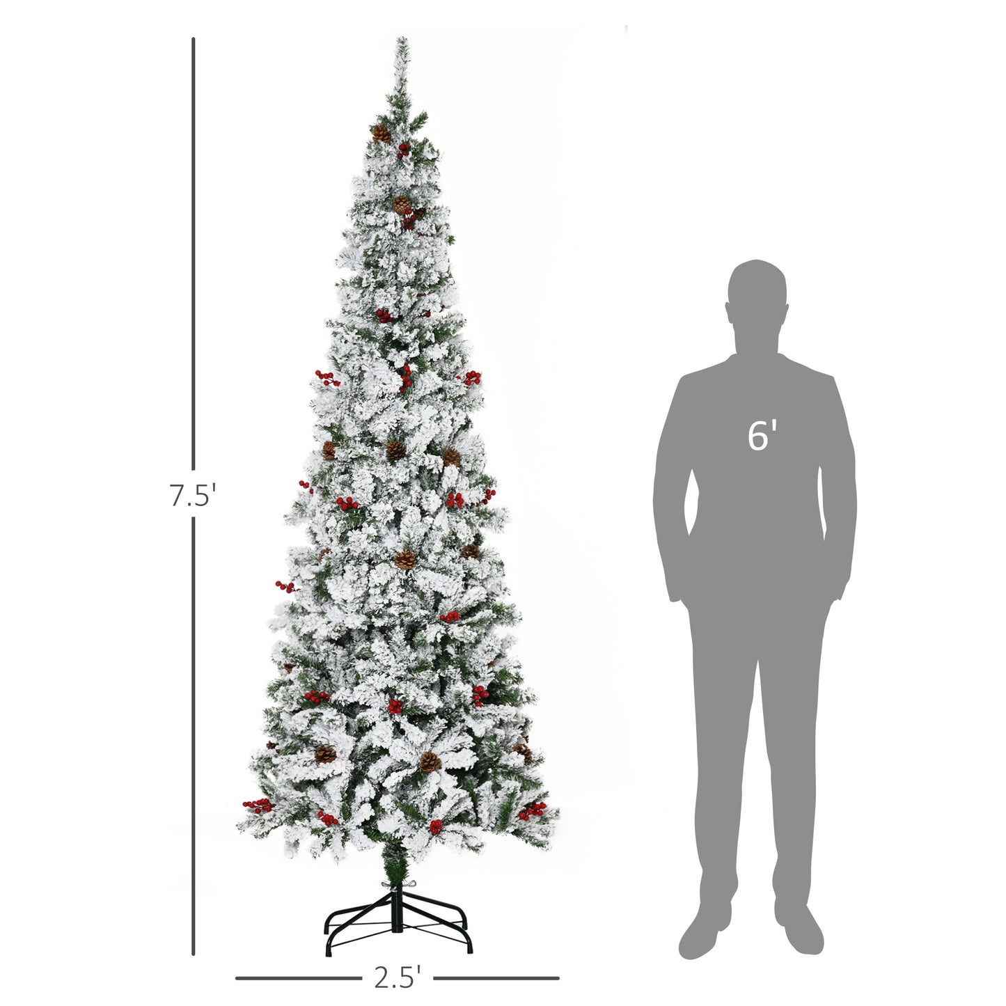 HOMCOM 9-foot Pencil Snow Flocked Artificial Christmas Tree with 1350 Pine Realistic Branches, Pine Cones, Red Berries, Auto Open, Green